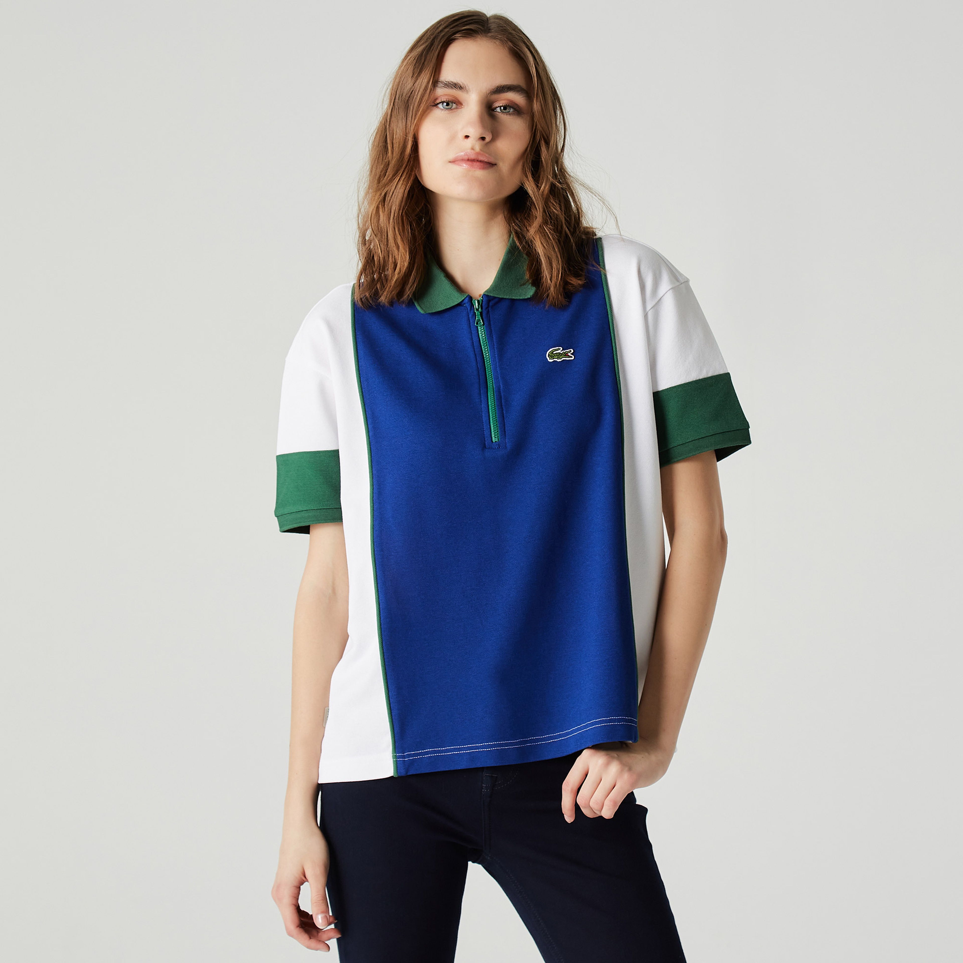 Lacoste Kadın Relaxed Fit Fermuarlı Renk Bloklu Beyaz Polo
