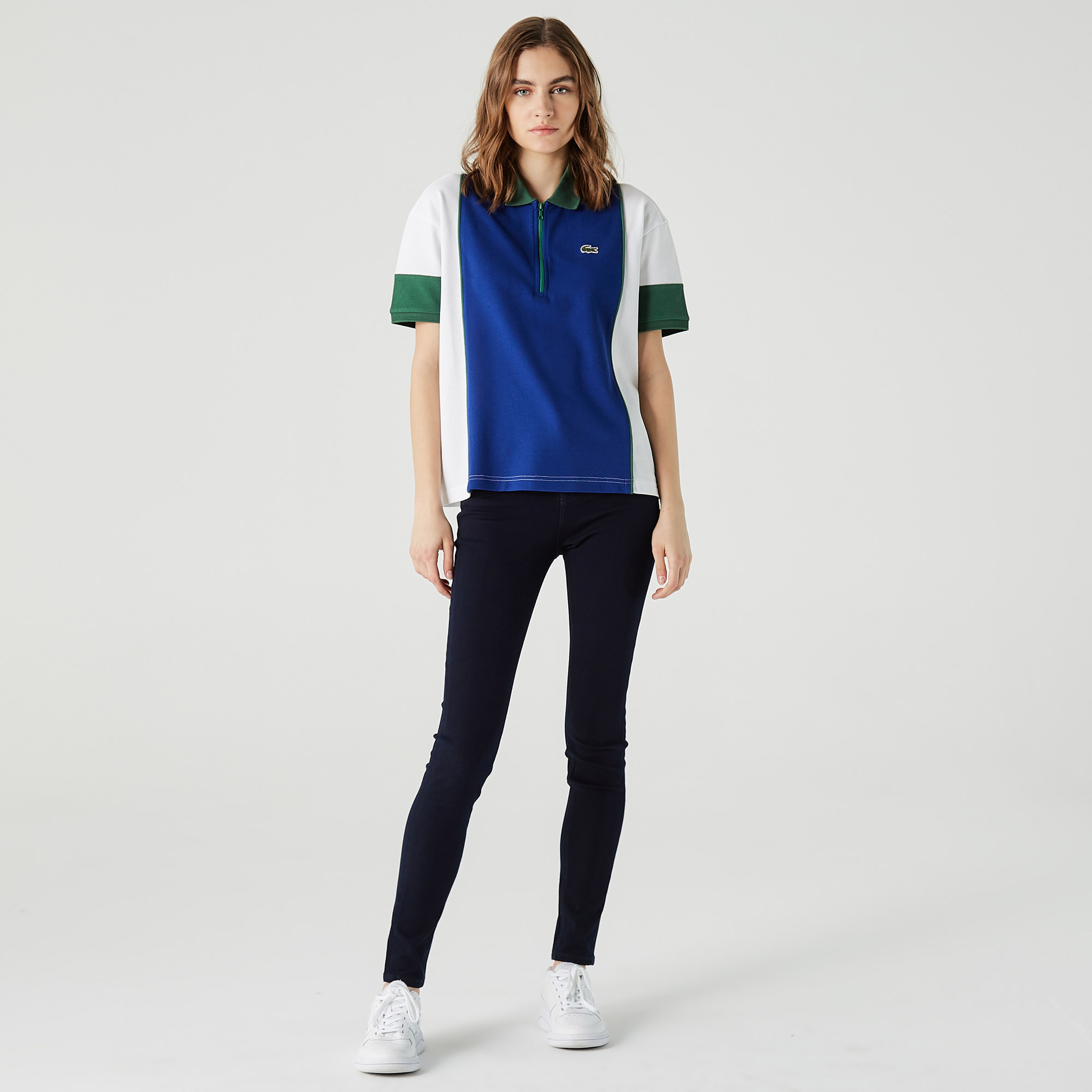 Lacoste Kadın Relaxed Fit Fermuarlı Renk Bloklu Beyaz Polo