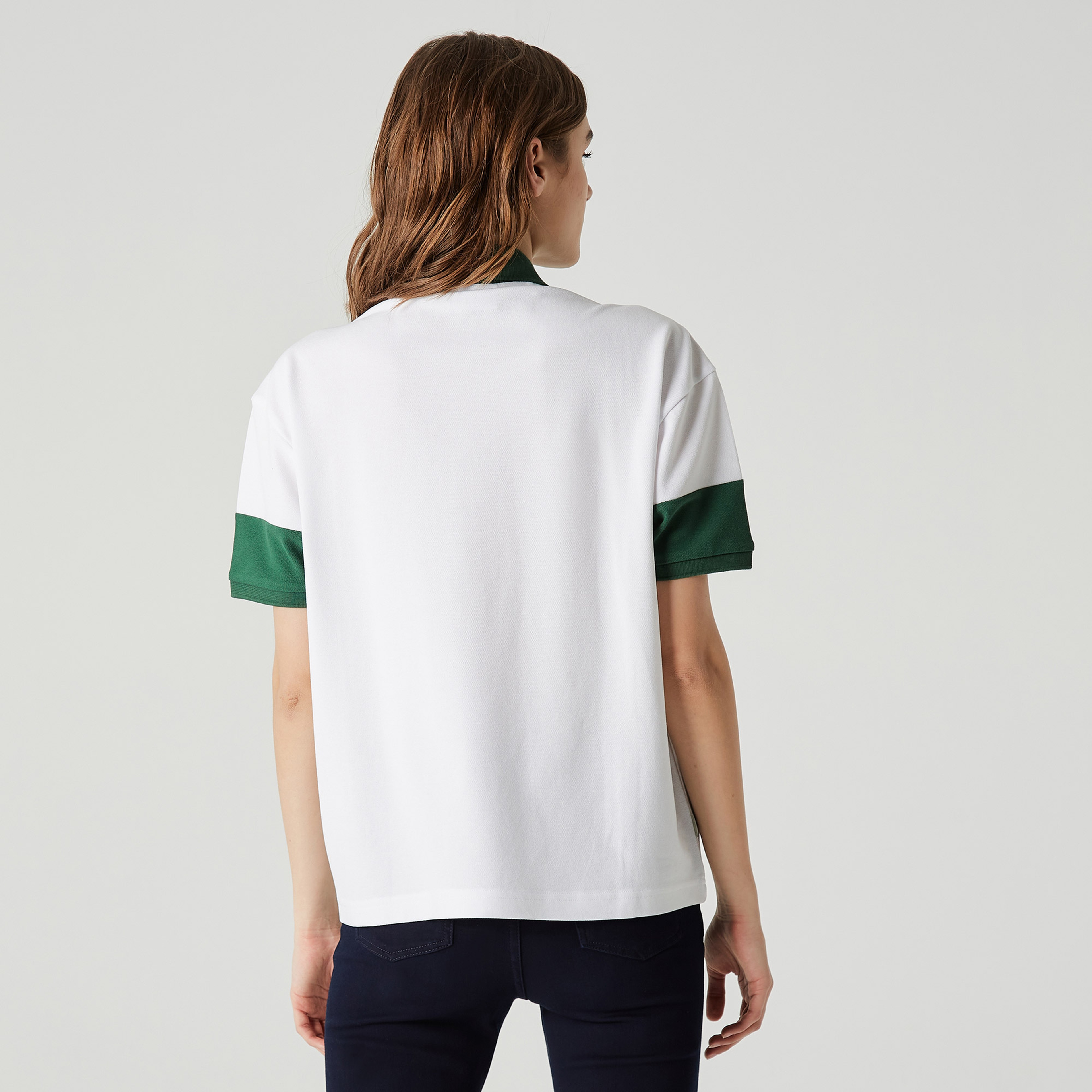 Lacoste Kadın Relaxed Fit Fermuarlı Renk Bloklu Beyaz Polo