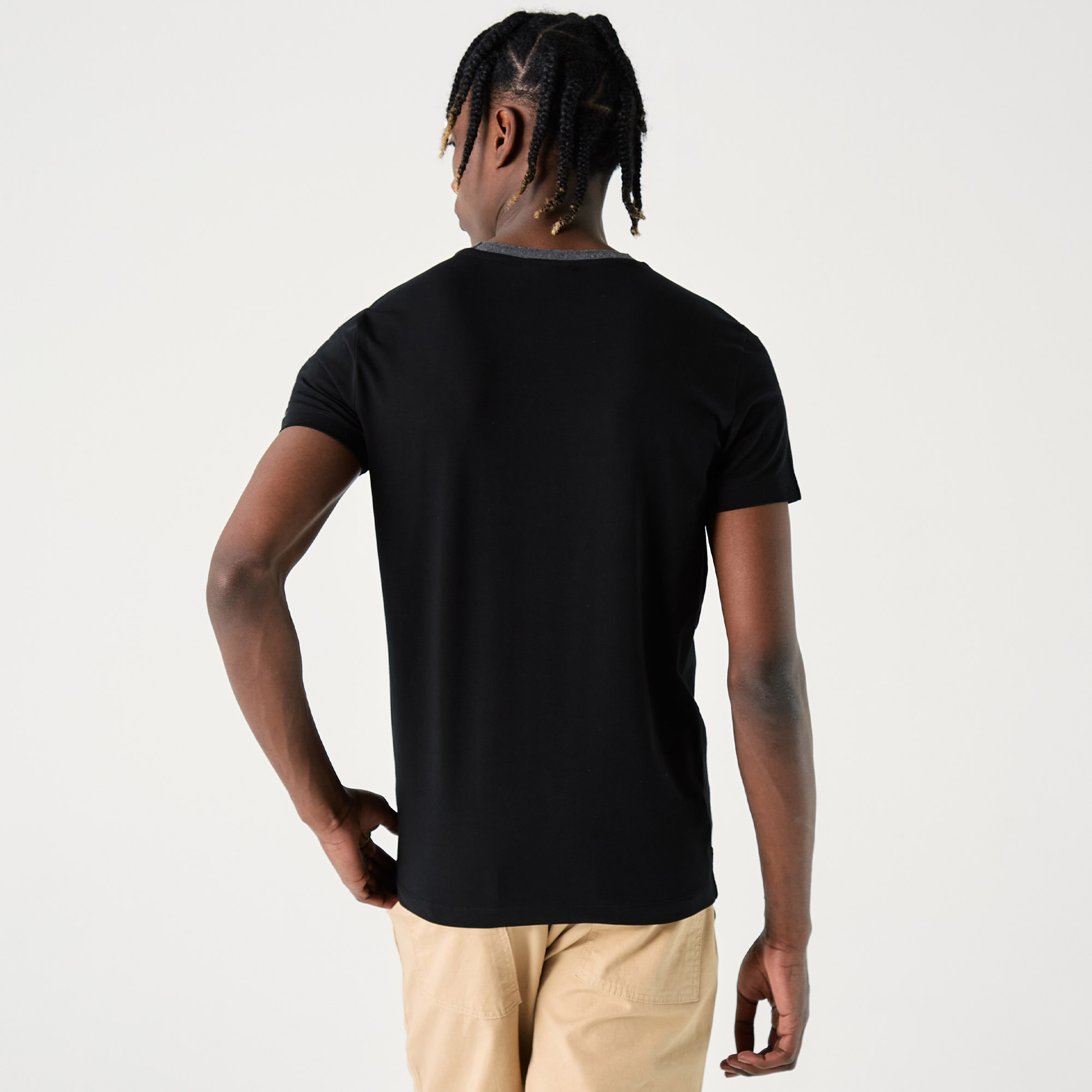 Lacoste Erkek Slim Fit Bisiklet Yaka Çizgili Siyah T-Shirt