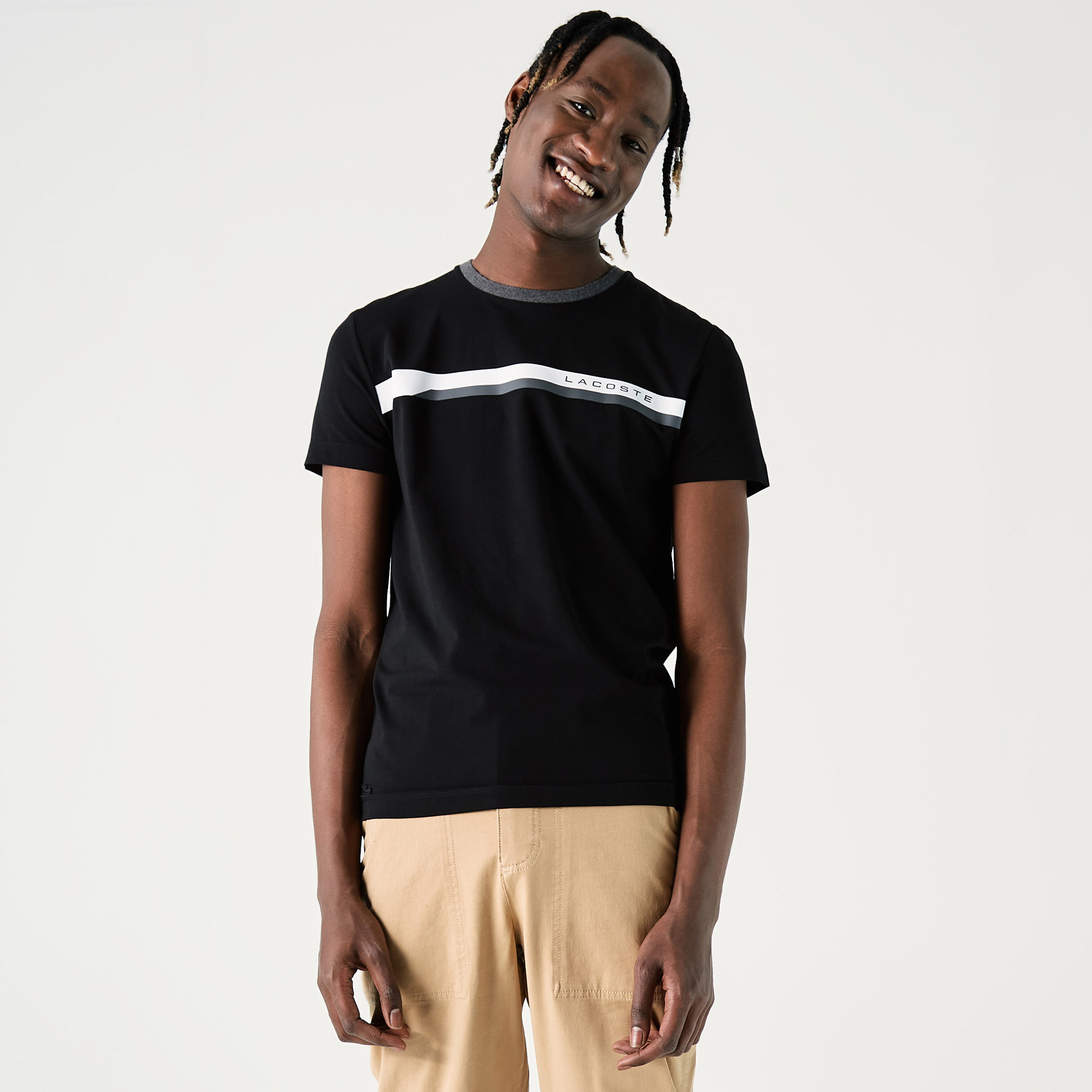 Lacoste Erkek Slim Fit Bisiklet Yaka Çizgili Siyah T-Shirt