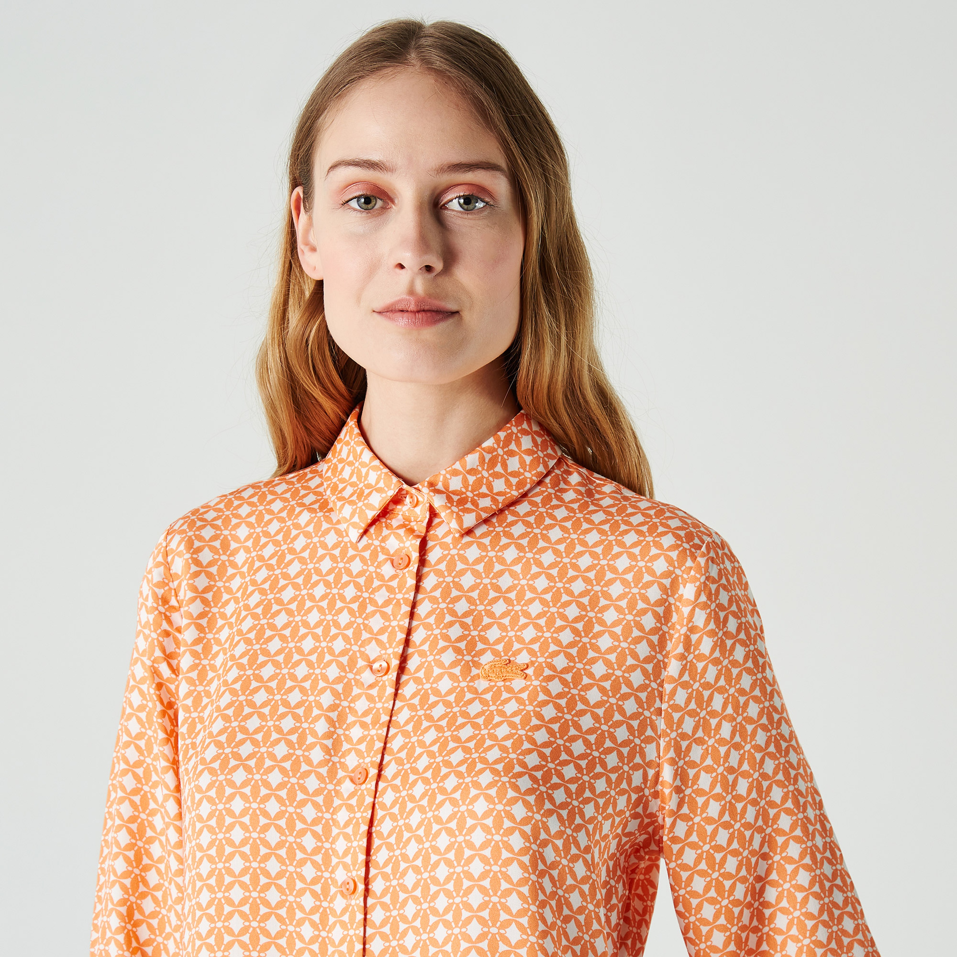 Lacoste Kadın Regular Fit Truvakar Kollu Desenli Açık Turuncu Gömlek