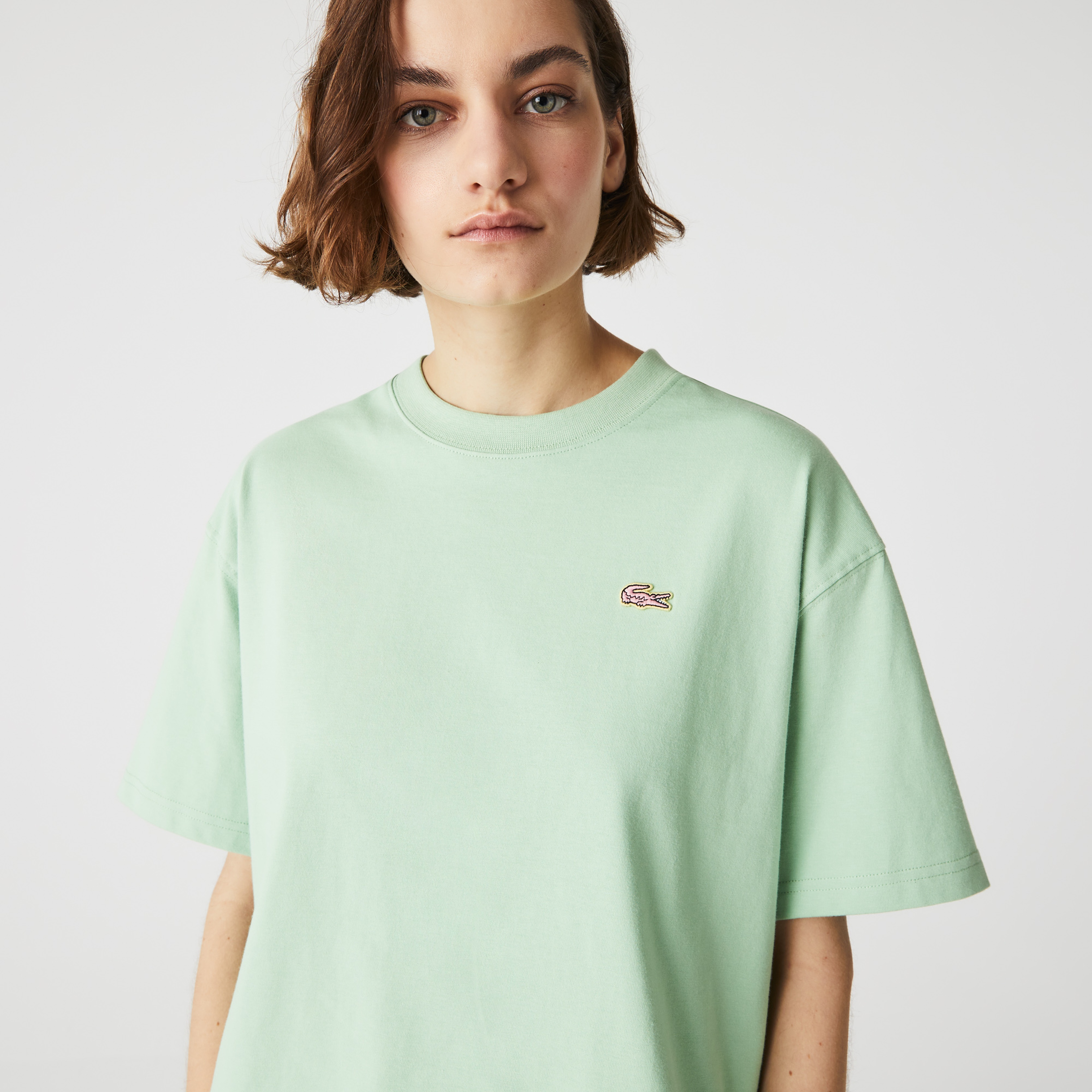 Lacoste L!VE Kadın Relaxed Fit Bisiklet Yaka Açık Yeşil T-Shirt