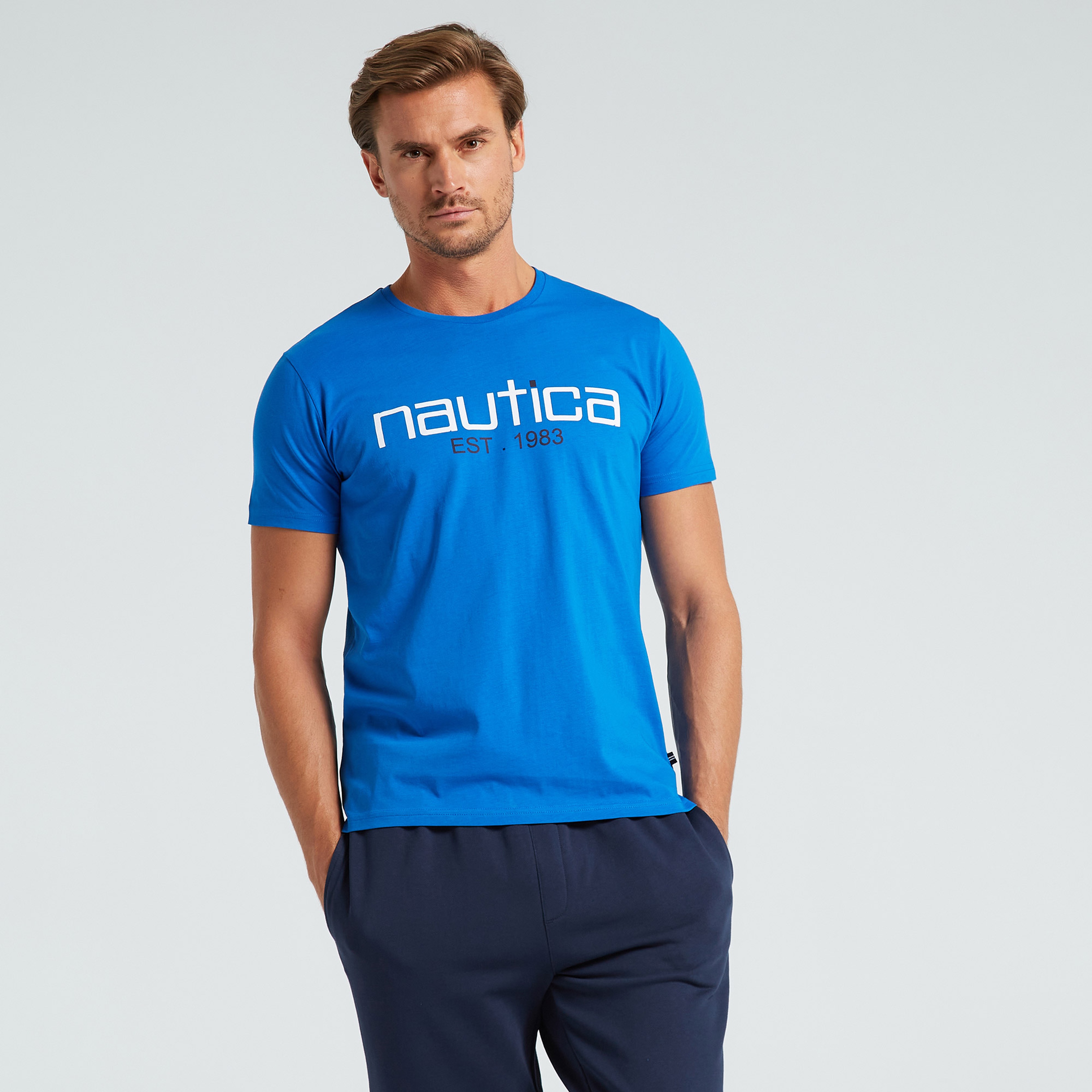 Nautica Erkek Mavi Standart Fit Desenli T-Shirt