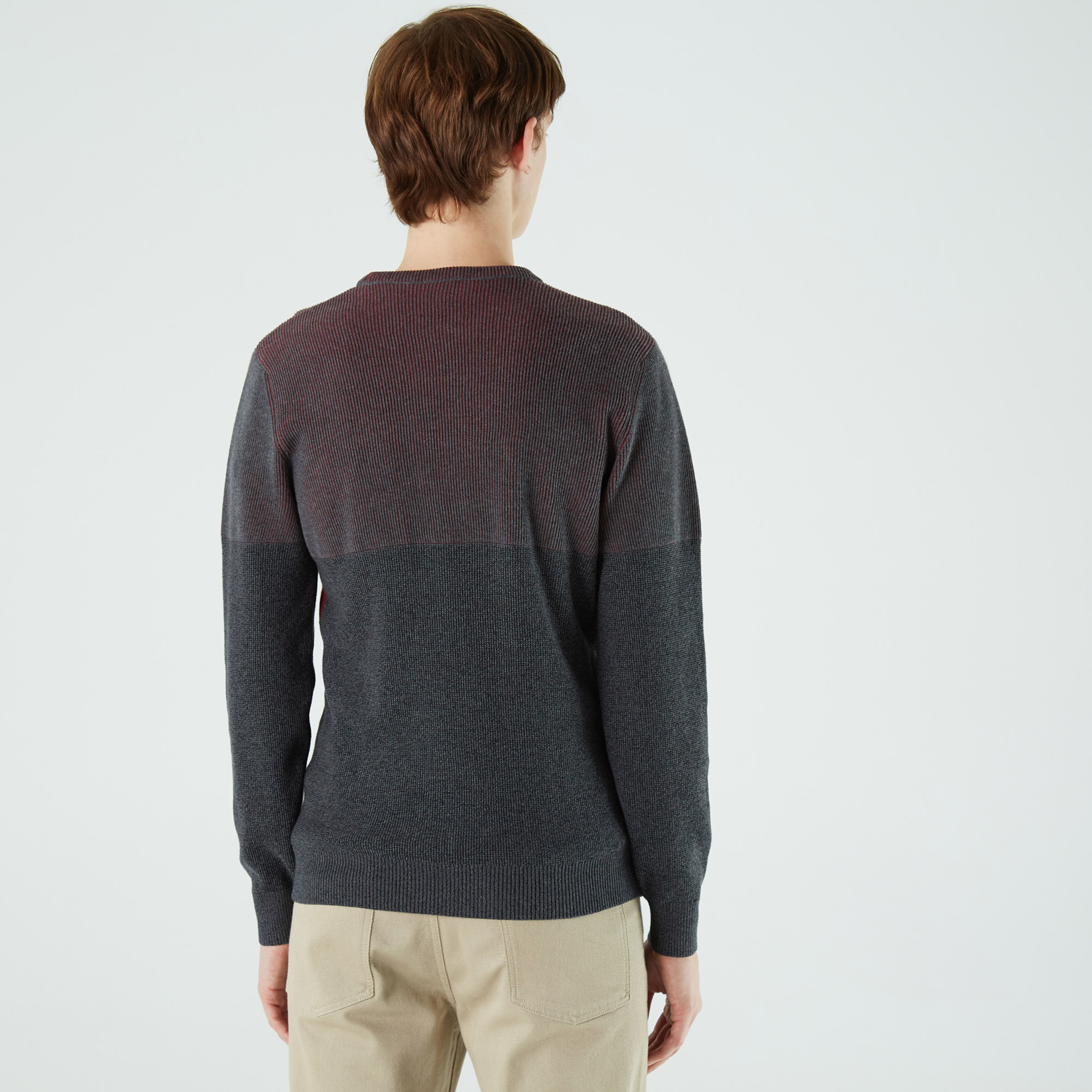 Lacoste Erkek Regular Fit Bisiklet Yaka Renk Bloklu Gri Kazak