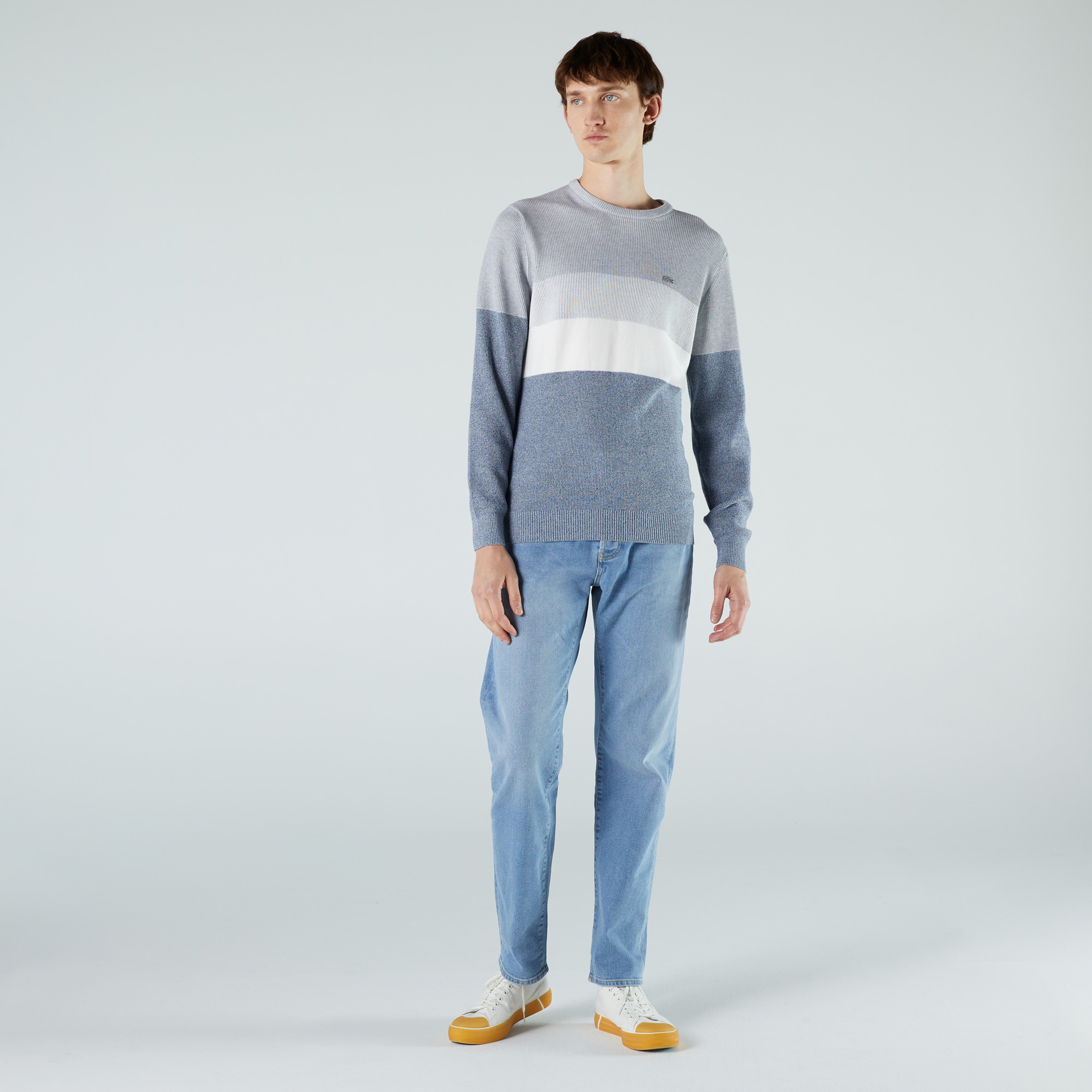 Lacoste Erkek Regular Fit Bisiklet Yaka Renk Bloklu Açık Gri Kazak