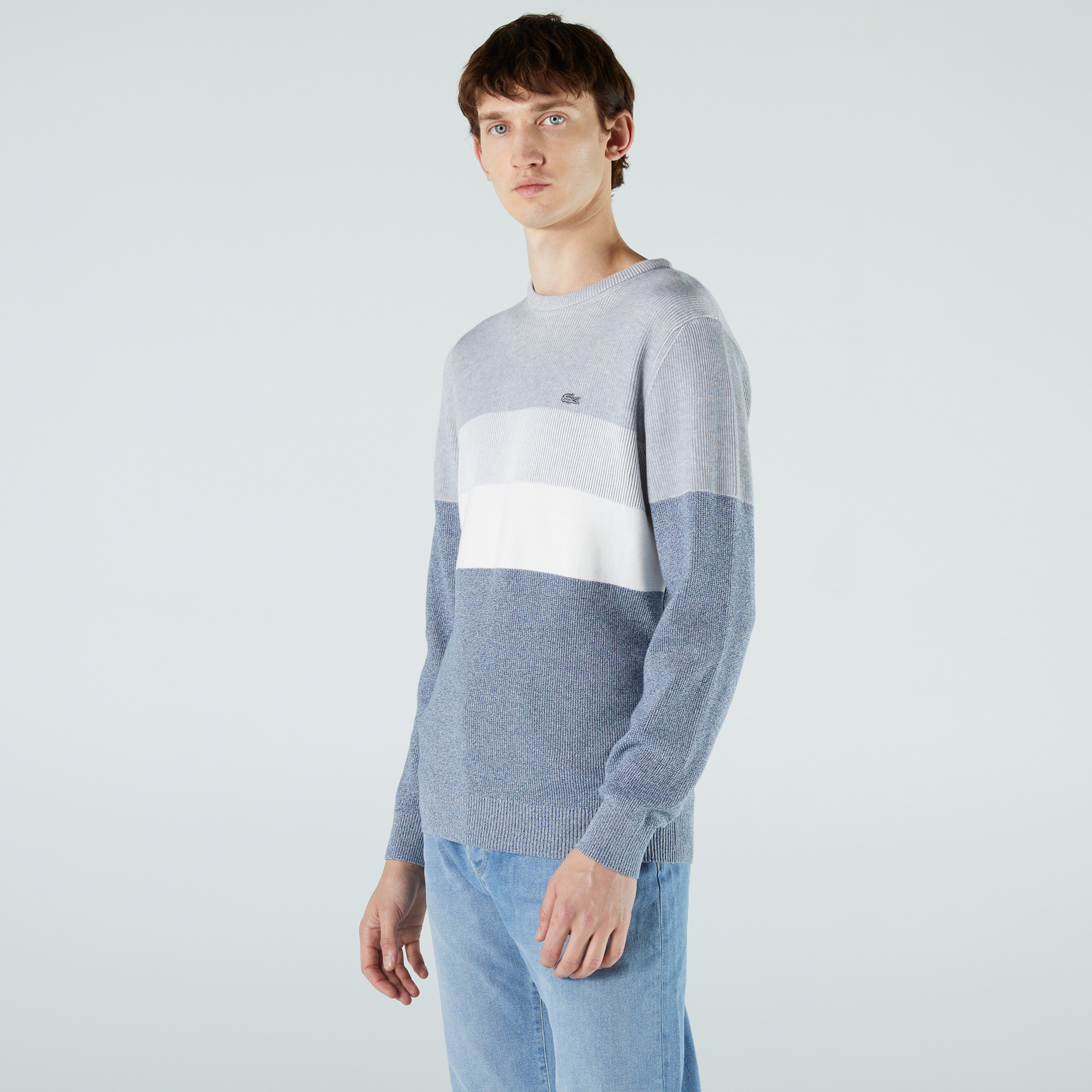 Lacoste Erkek Regular Fit Bisiklet Yaka Renk Bloklu Açık Gri Kazak