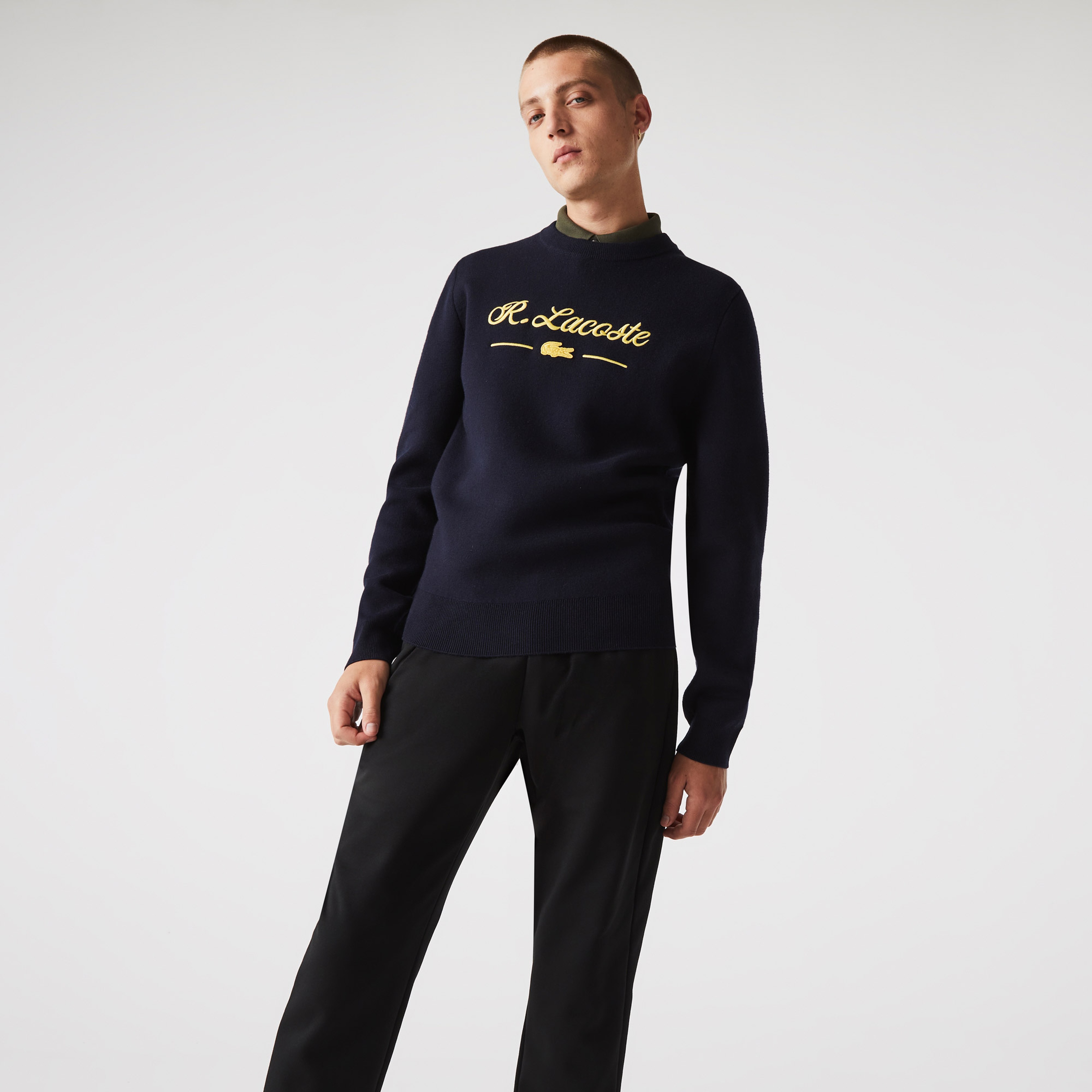 Lacoste Erkek Classic Fit Bisiklet Yaka Baskılı Siyah Kazak