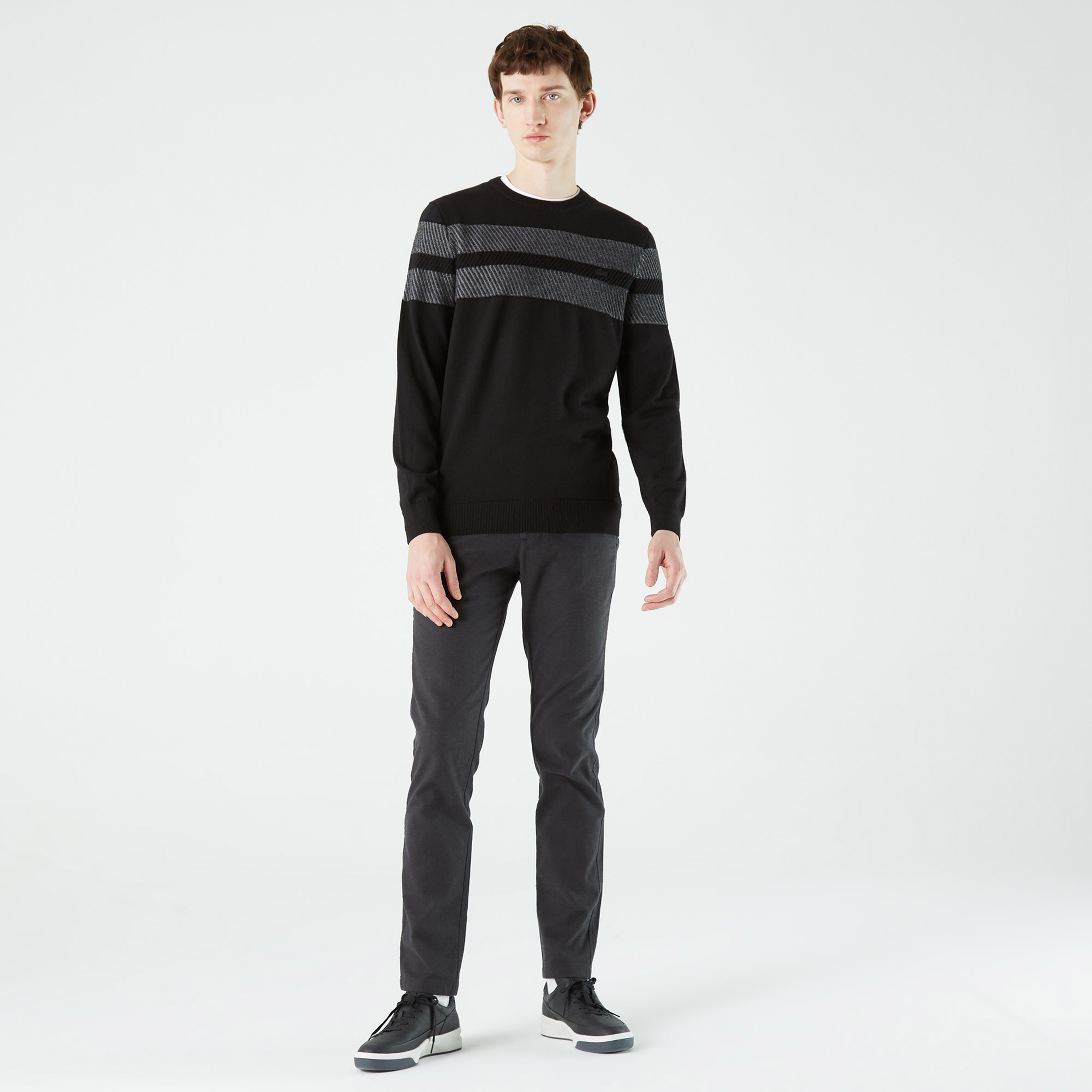 Lacoste Erkek Regular Fit Bisiklet Yaka Renk Bloklu Siyah Kazak