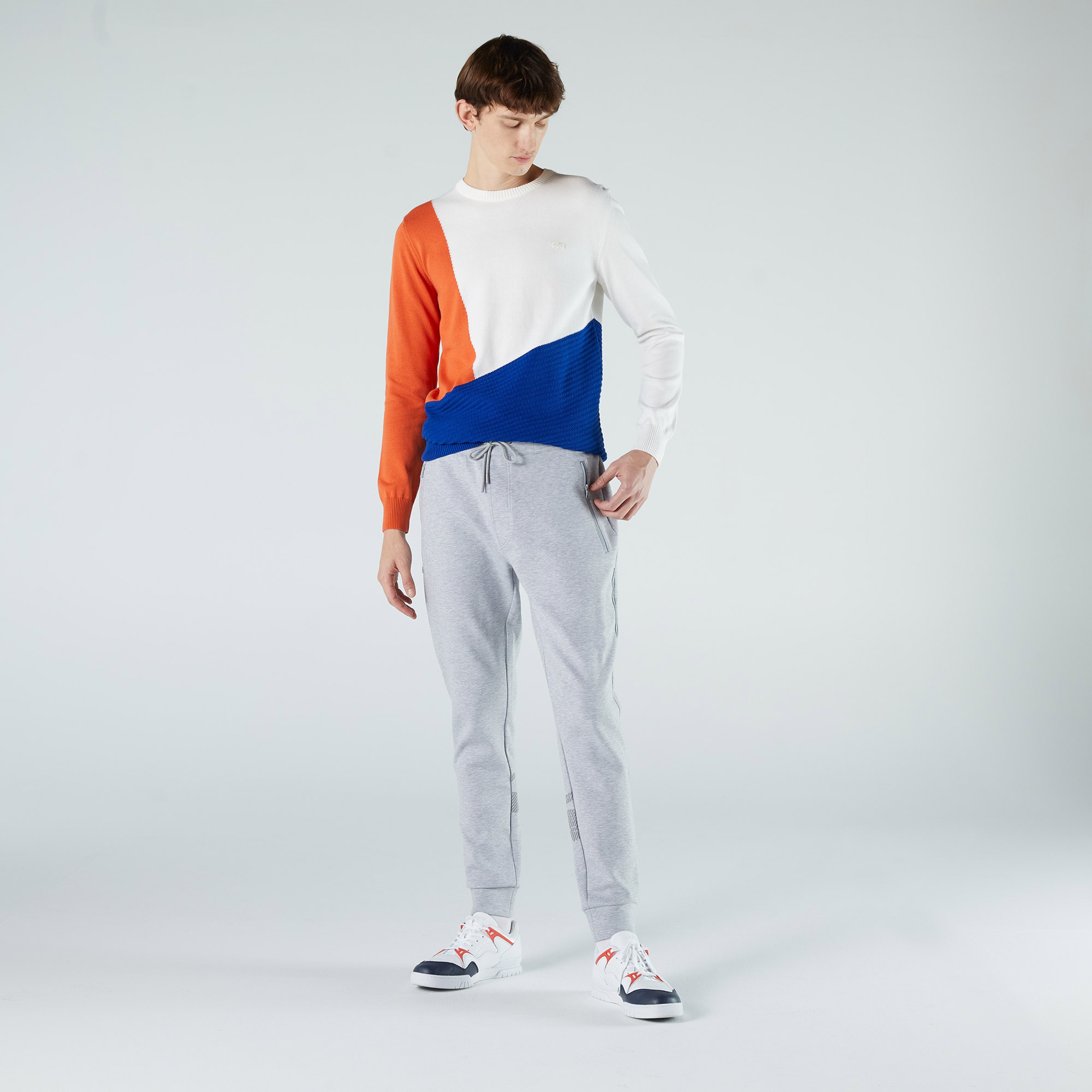 Lacoste Erkek Regular Fit Bisiklet Yaka Renk Bloklu Beyaz Kazak