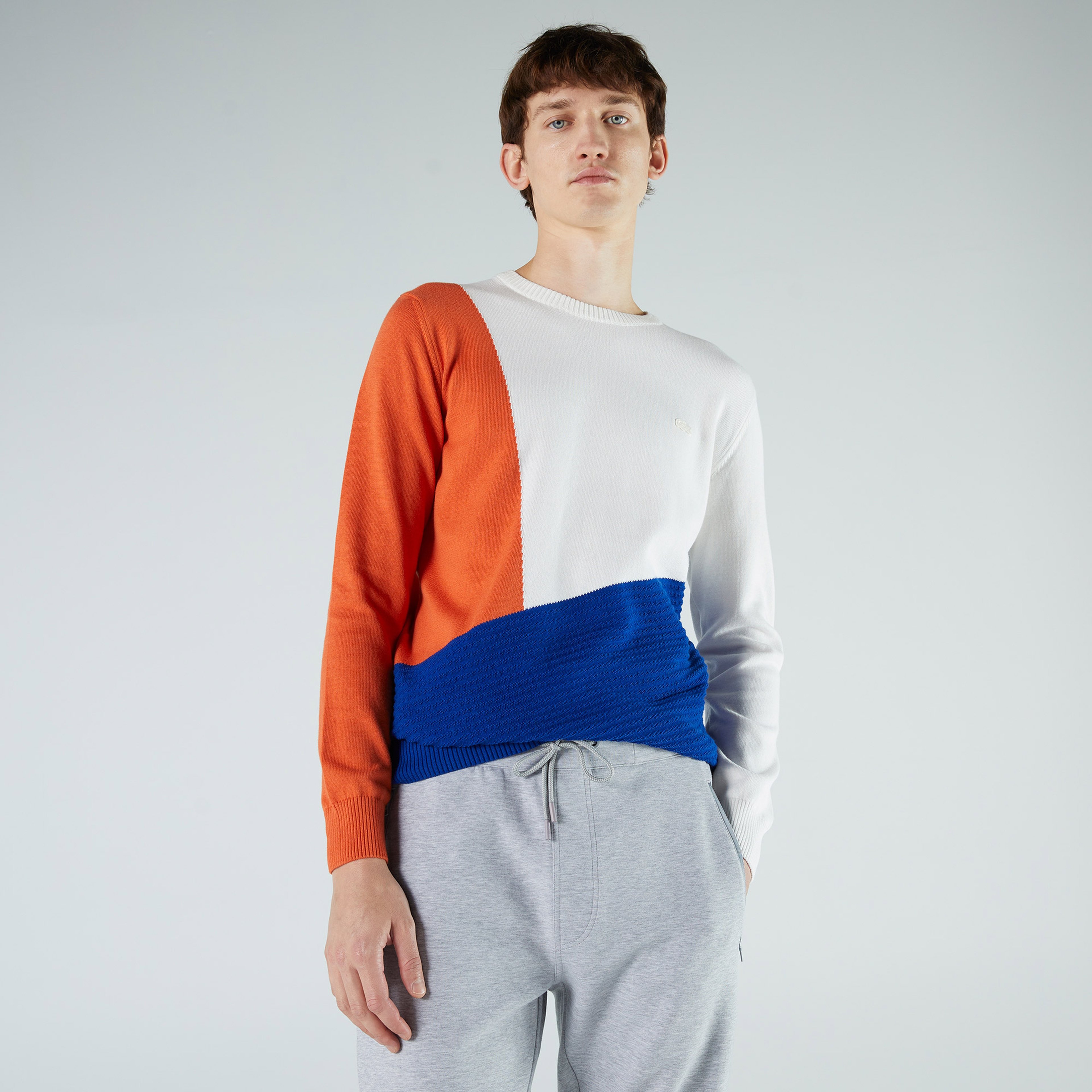 Lacoste Erkek Regular Fit Bisiklet Yaka Renk Bloklu Beyaz Kazak