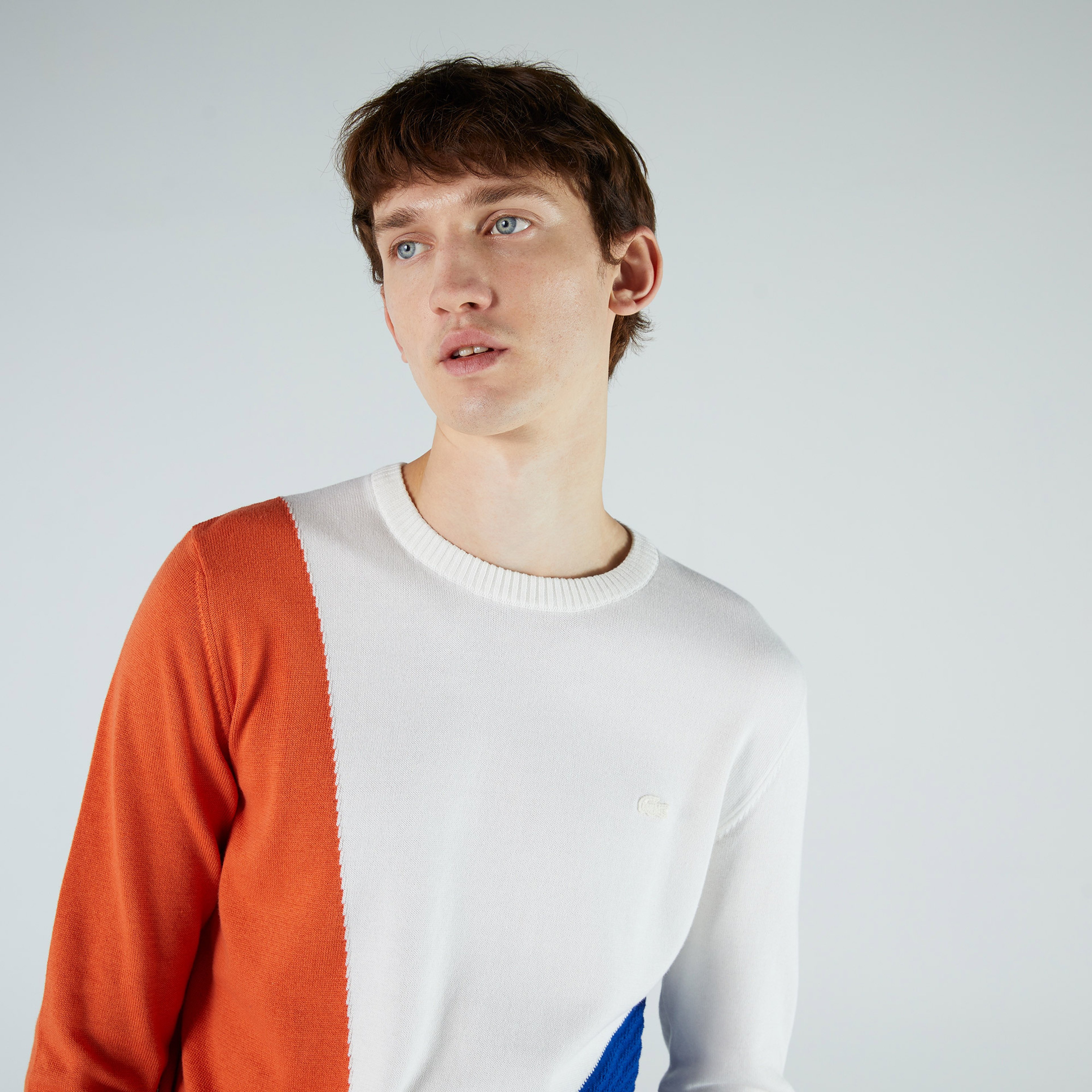 Lacoste Erkek Regular Fit Bisiklet Yaka Renk Bloklu Beyaz Kazak