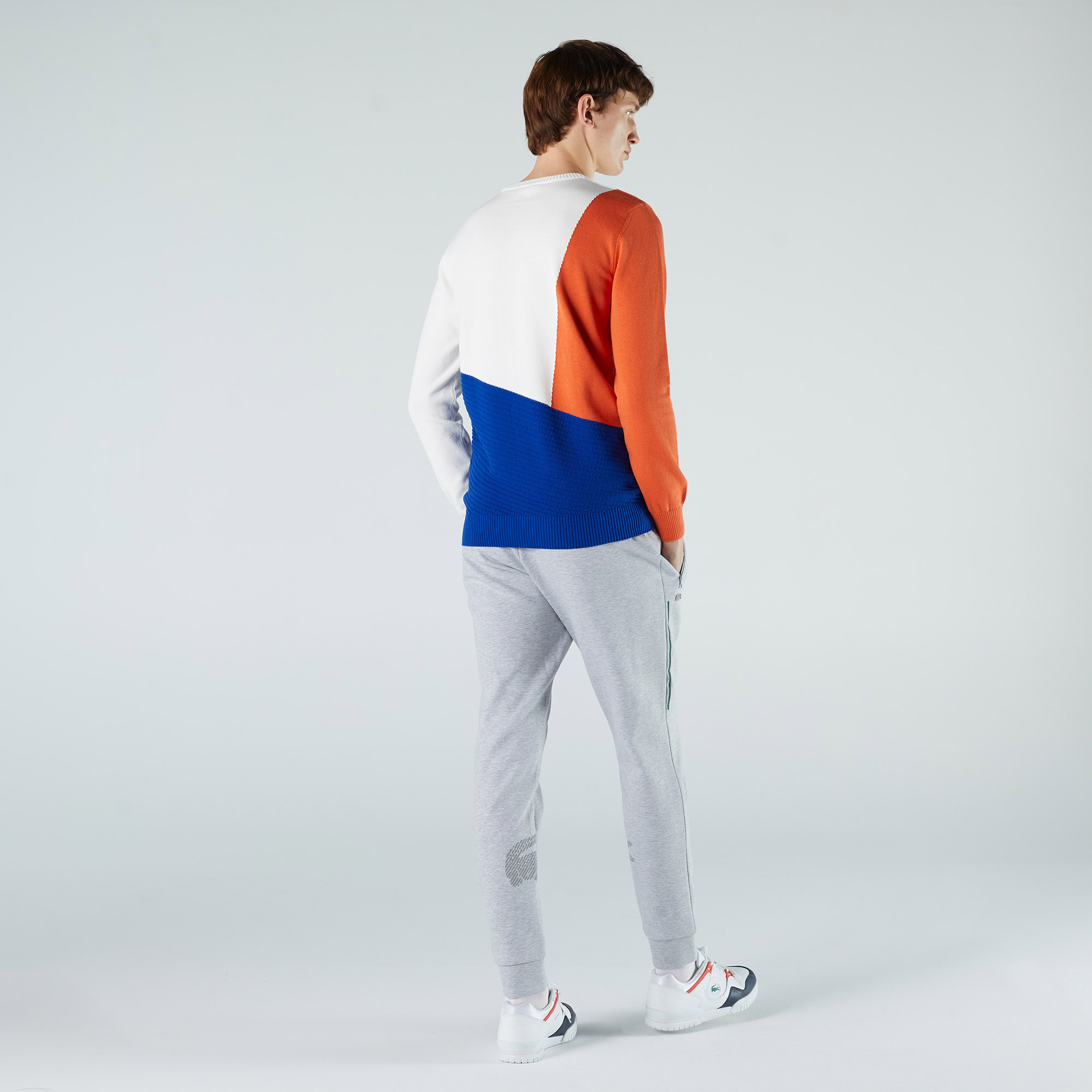 Lacoste Erkek Regular Fit Bisiklet Yaka Renk Bloklu Beyaz Kazak