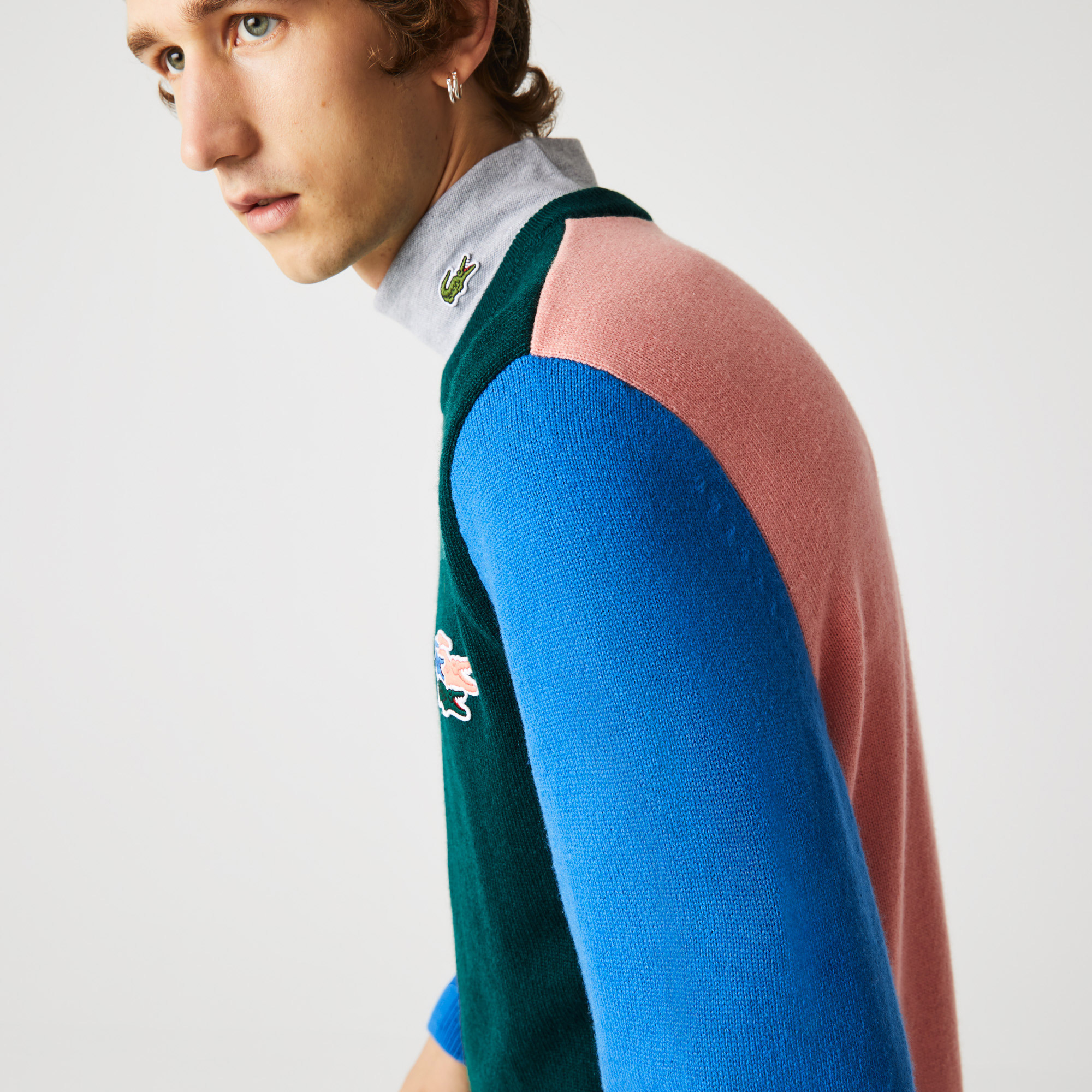 Lacoste Erkek Classic Fit Bisiklet Yaka Renk Bloklu Mavi Yün Kazak