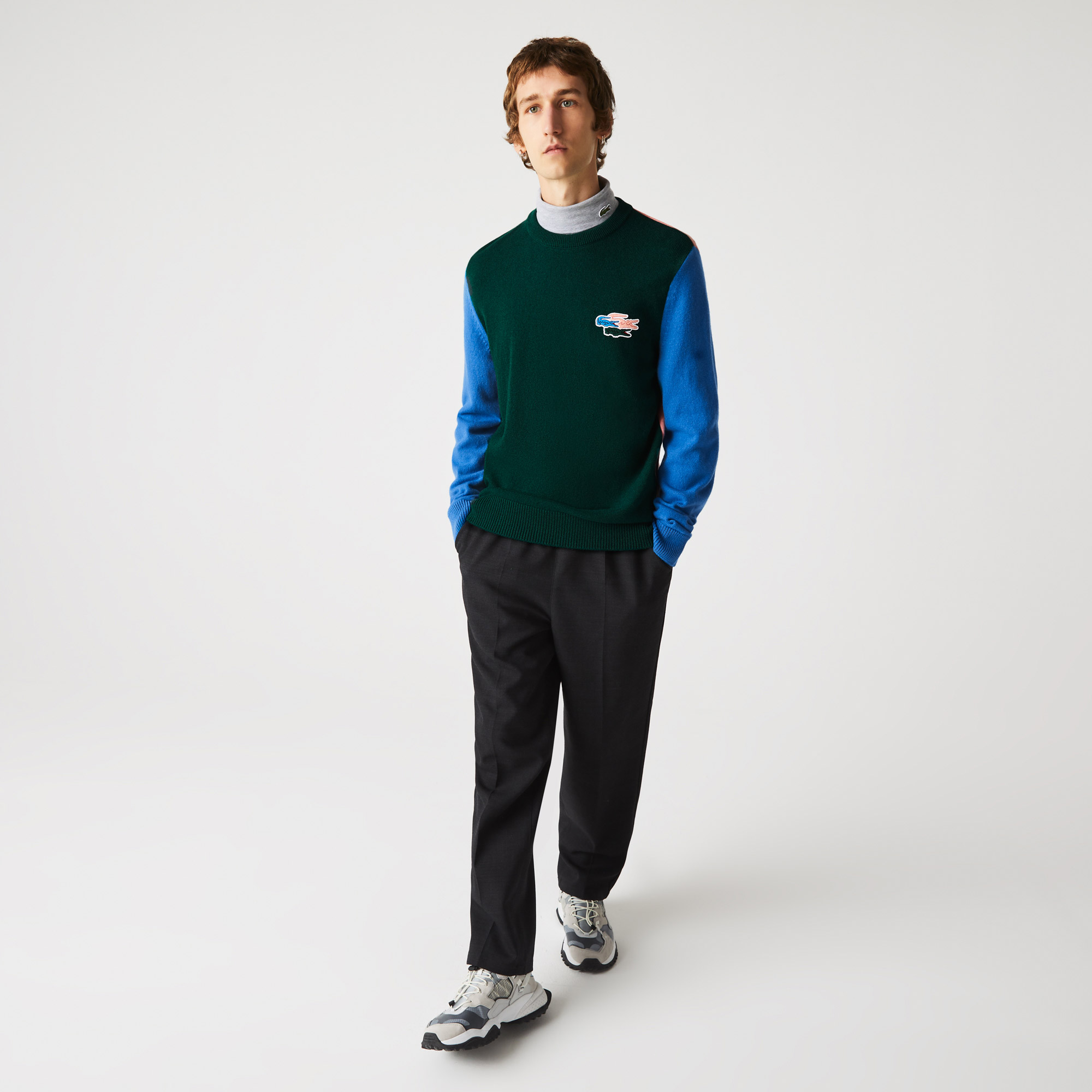 Lacoste Erkek Classic Fit Bisiklet Yaka Renk Bloklu Mavi Yün Kazak