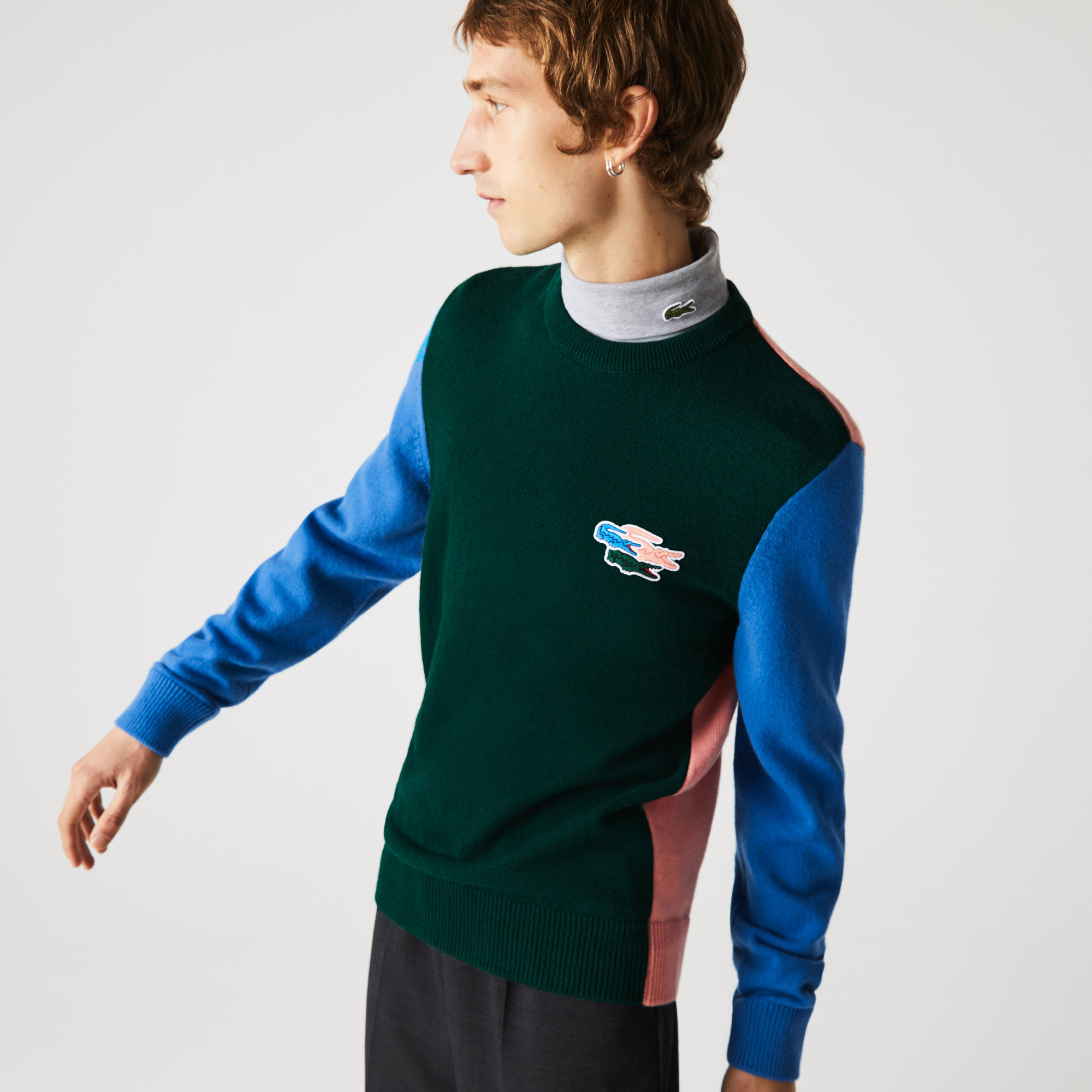 Lacoste Erkek Classic Fit Bisiklet Yaka Renk Bloklu Mavi Yün Kazak