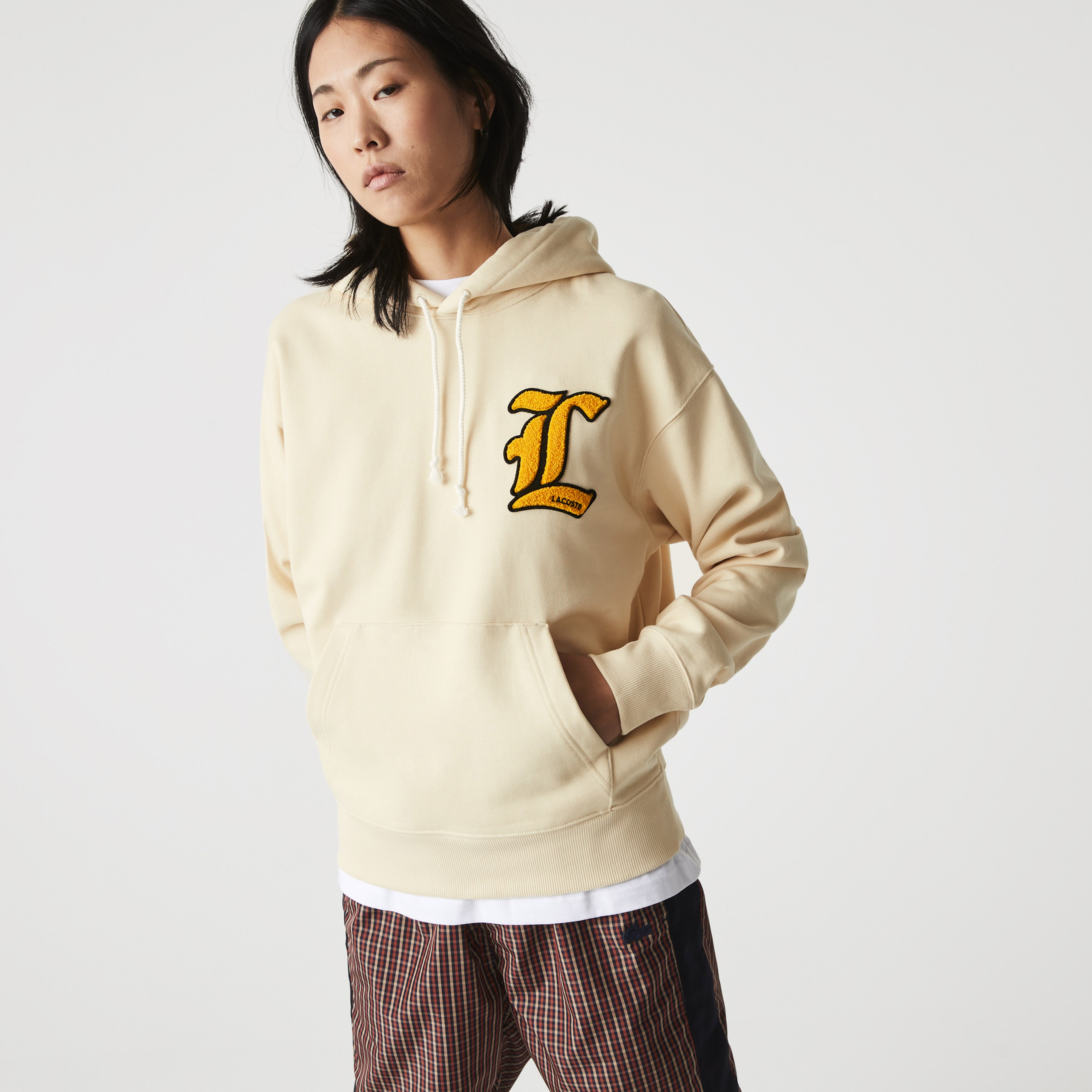 Lacoste L!VE Unisex Relaxed Fit Kapüşonlu Bej Sweatshirt