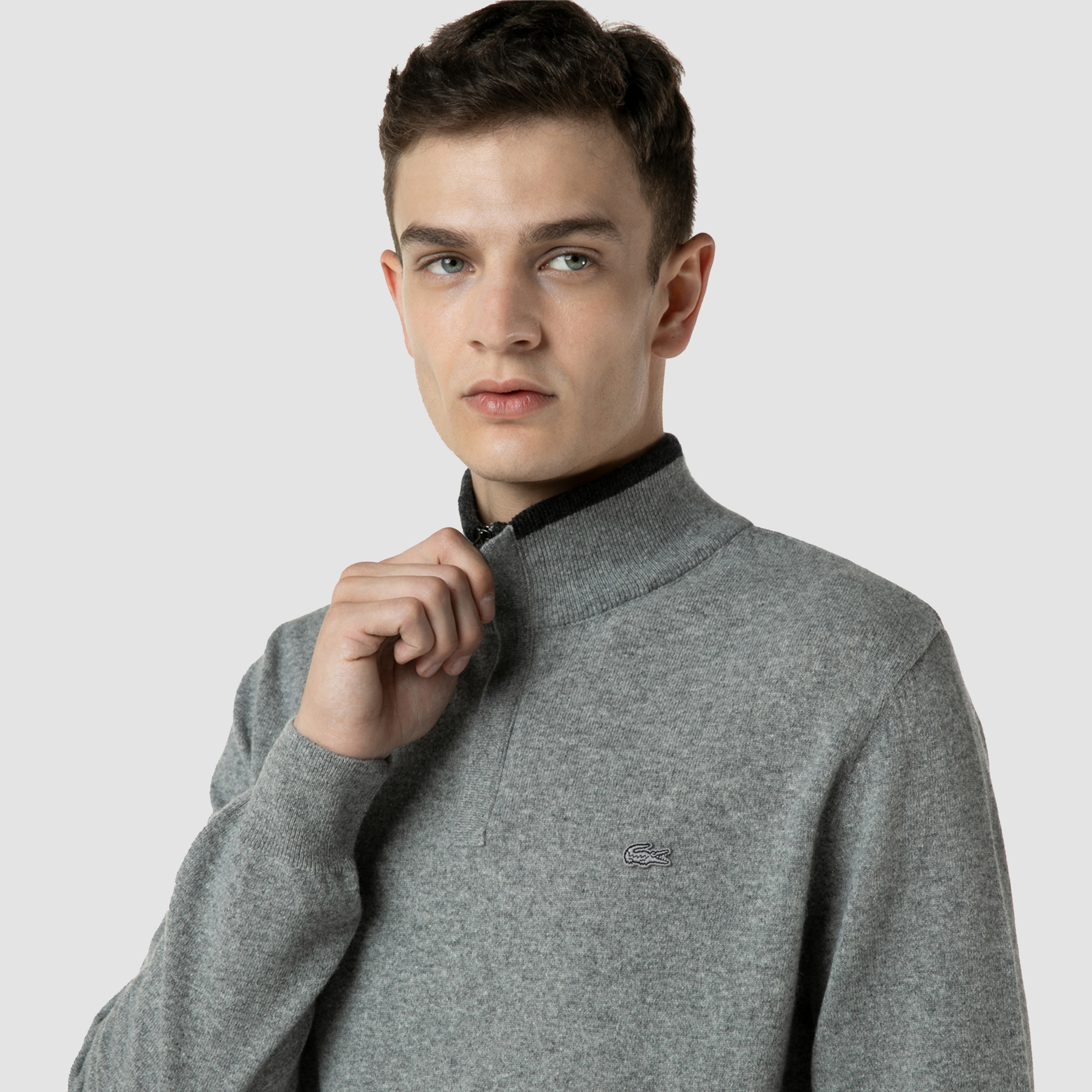 Lacoste Erkek Regular Fit Yün Yarım Fermuarlı Gri Kazak
