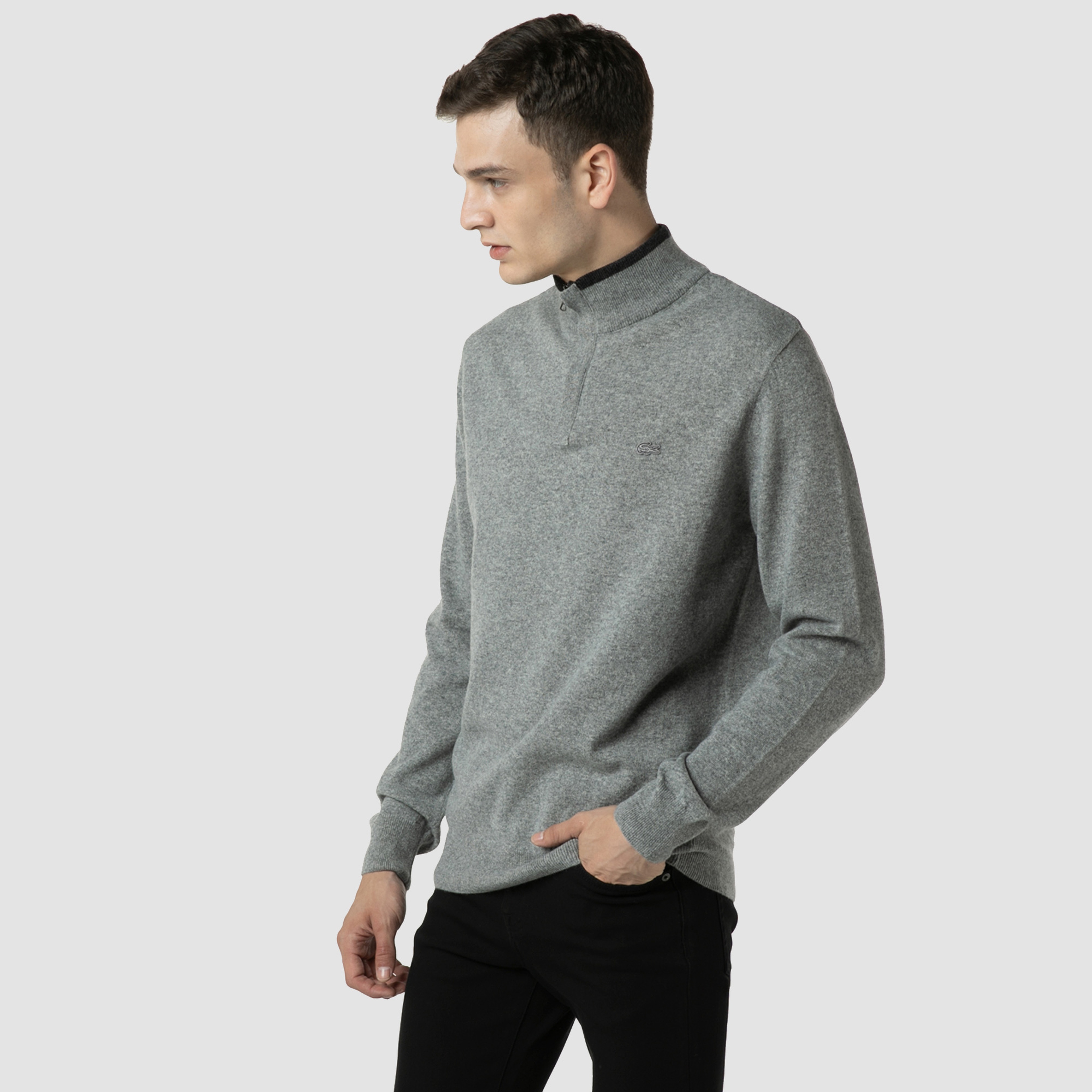 Lacoste Erkek Regular Fit Yün Yarım Fermuarlı Gri Kazak