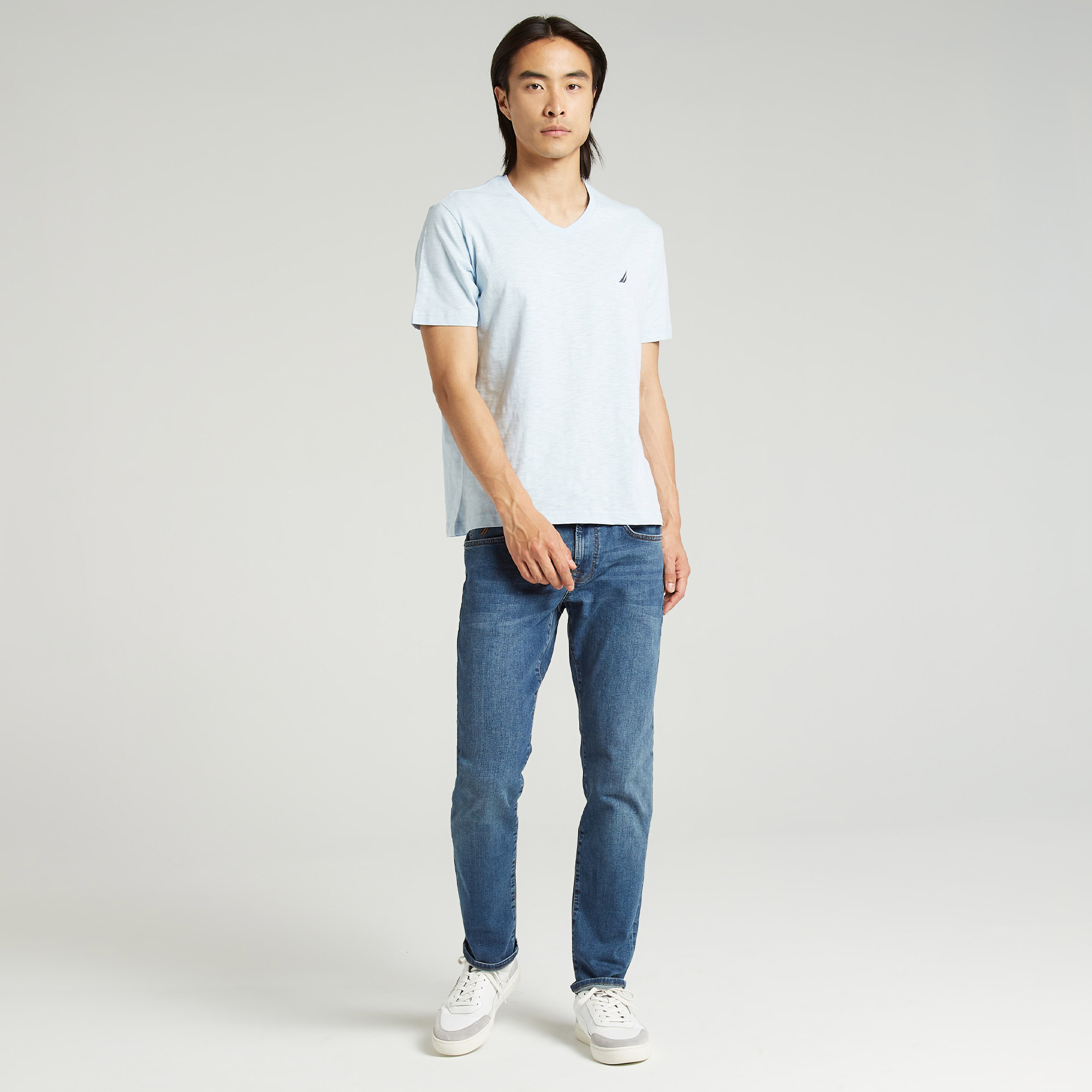 NAUTICA ERKEK MAVİ KISA KOLLU V YAKA FLAMLI SLIM FIT T-SHIRT