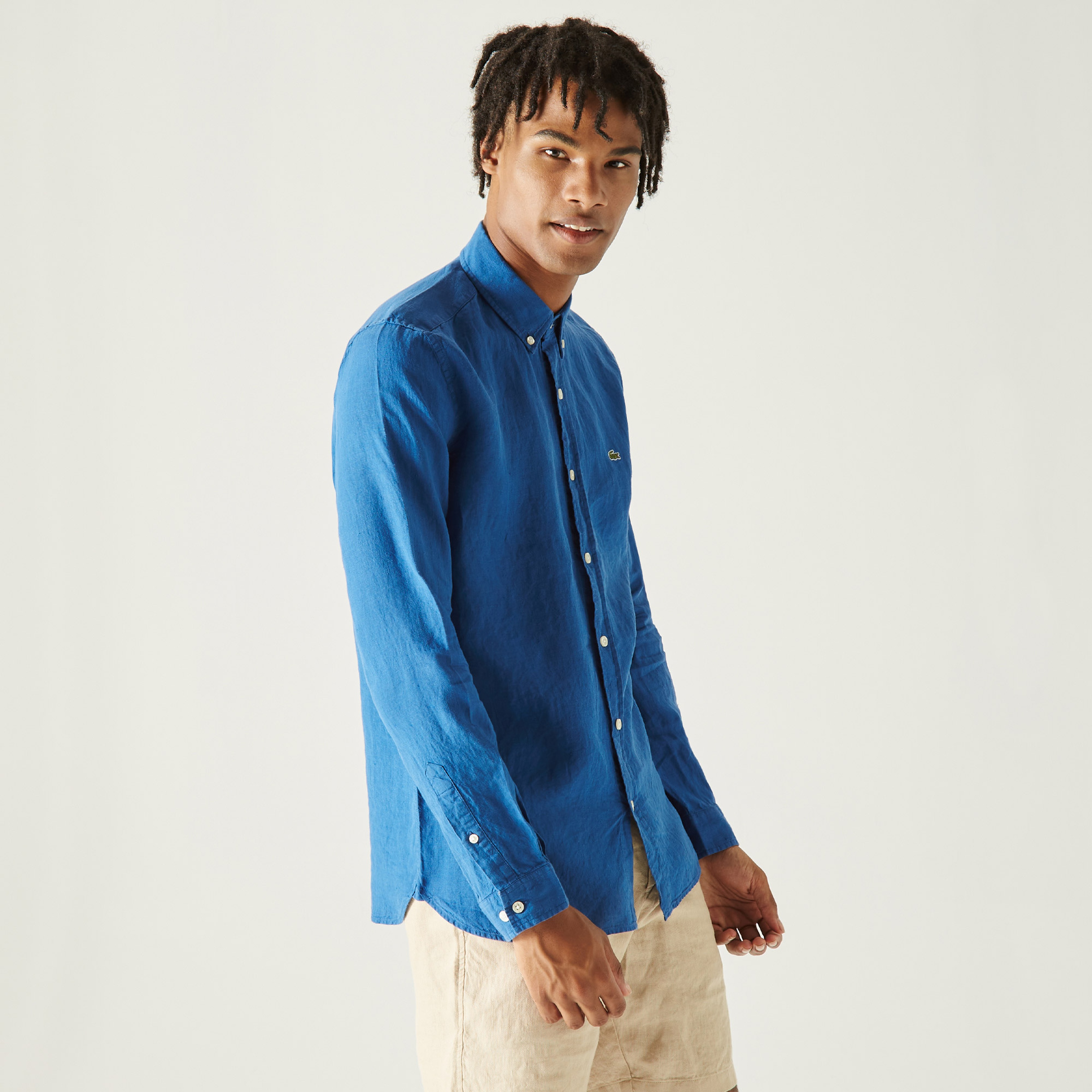 Lacoste Erkek Slim Fit Keten Mavi Gömlek