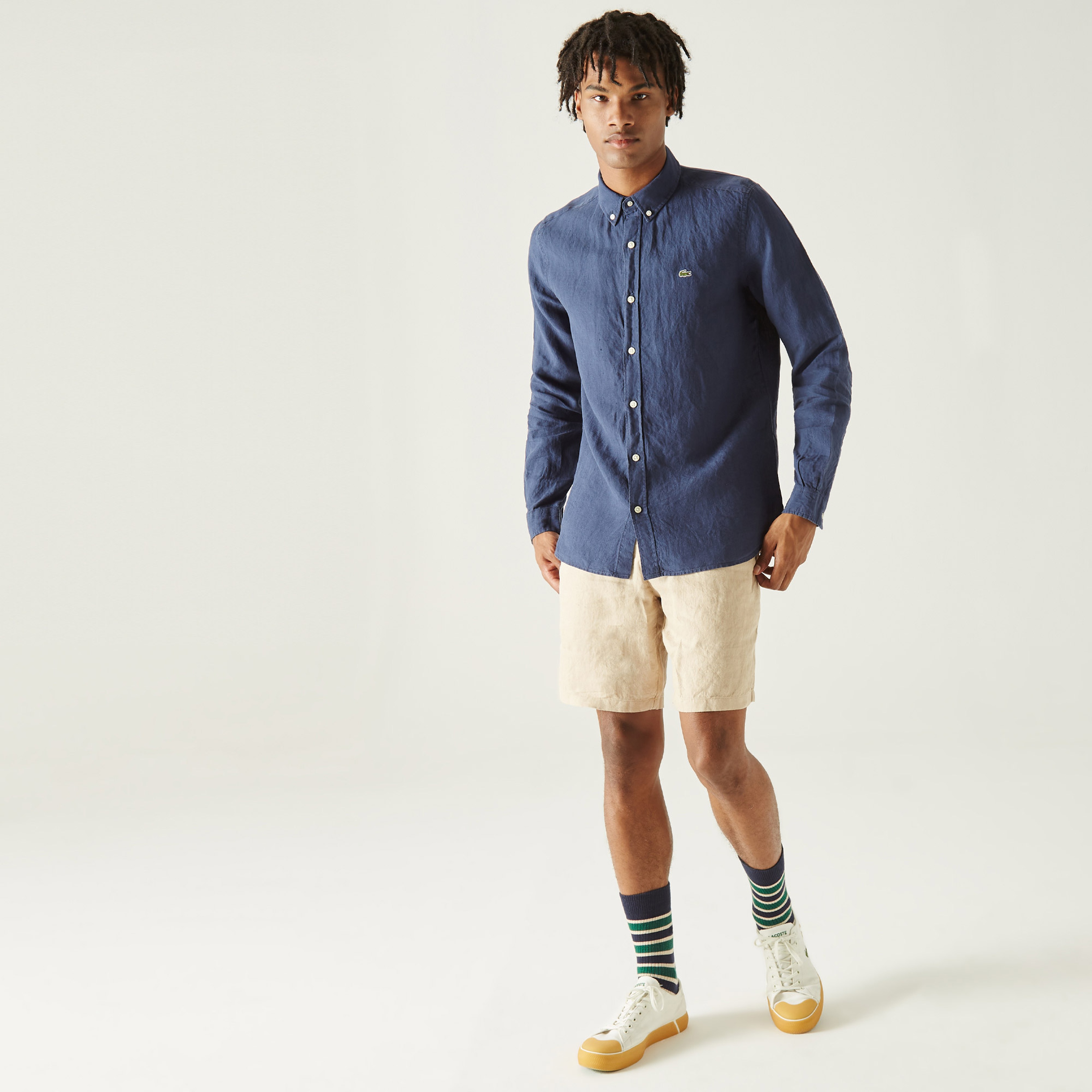 Lacoste Erkek Slim Fit Keten Lacivert Gömlek
