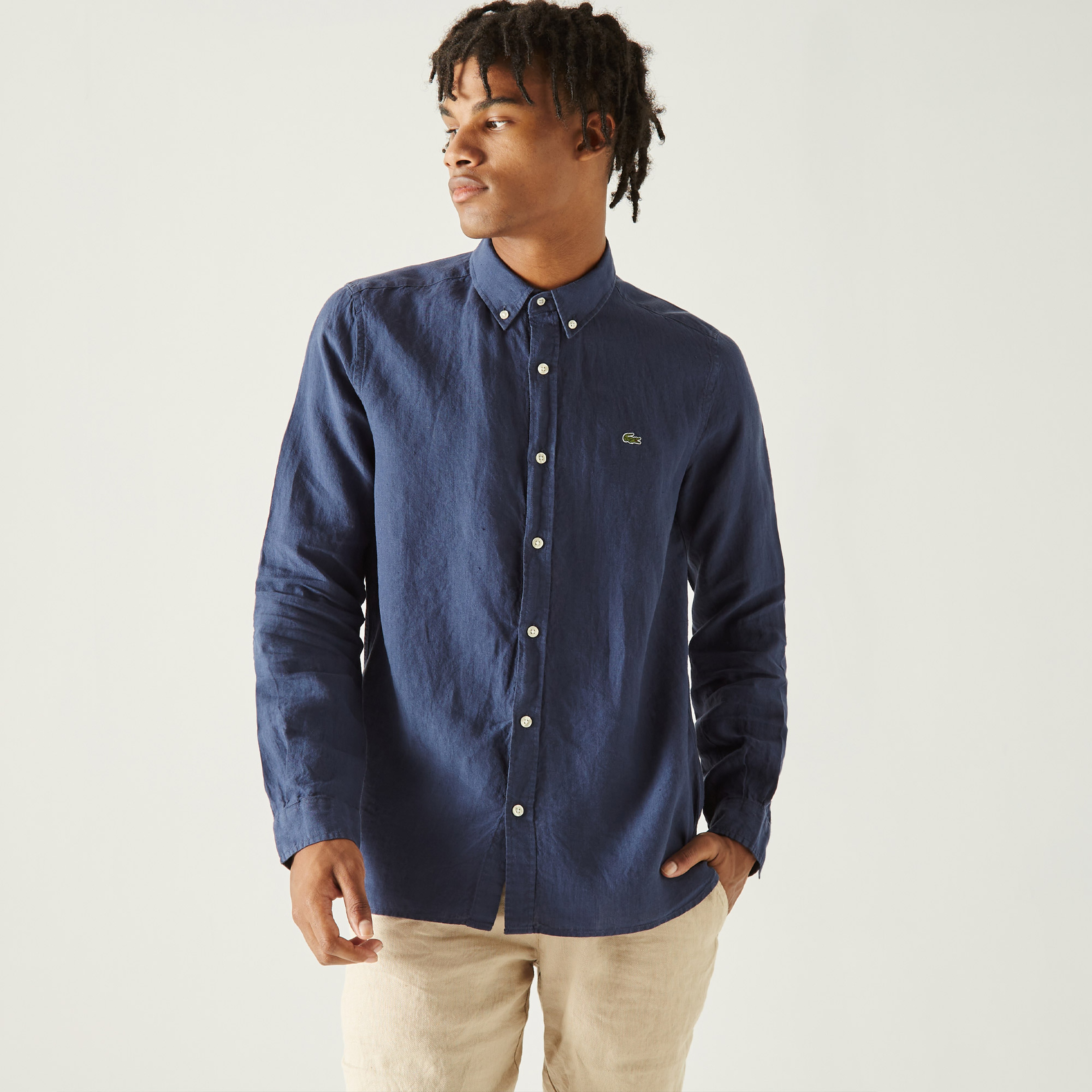 Lacoste Erkek Slim Fit Keten Lacivert Gömlek