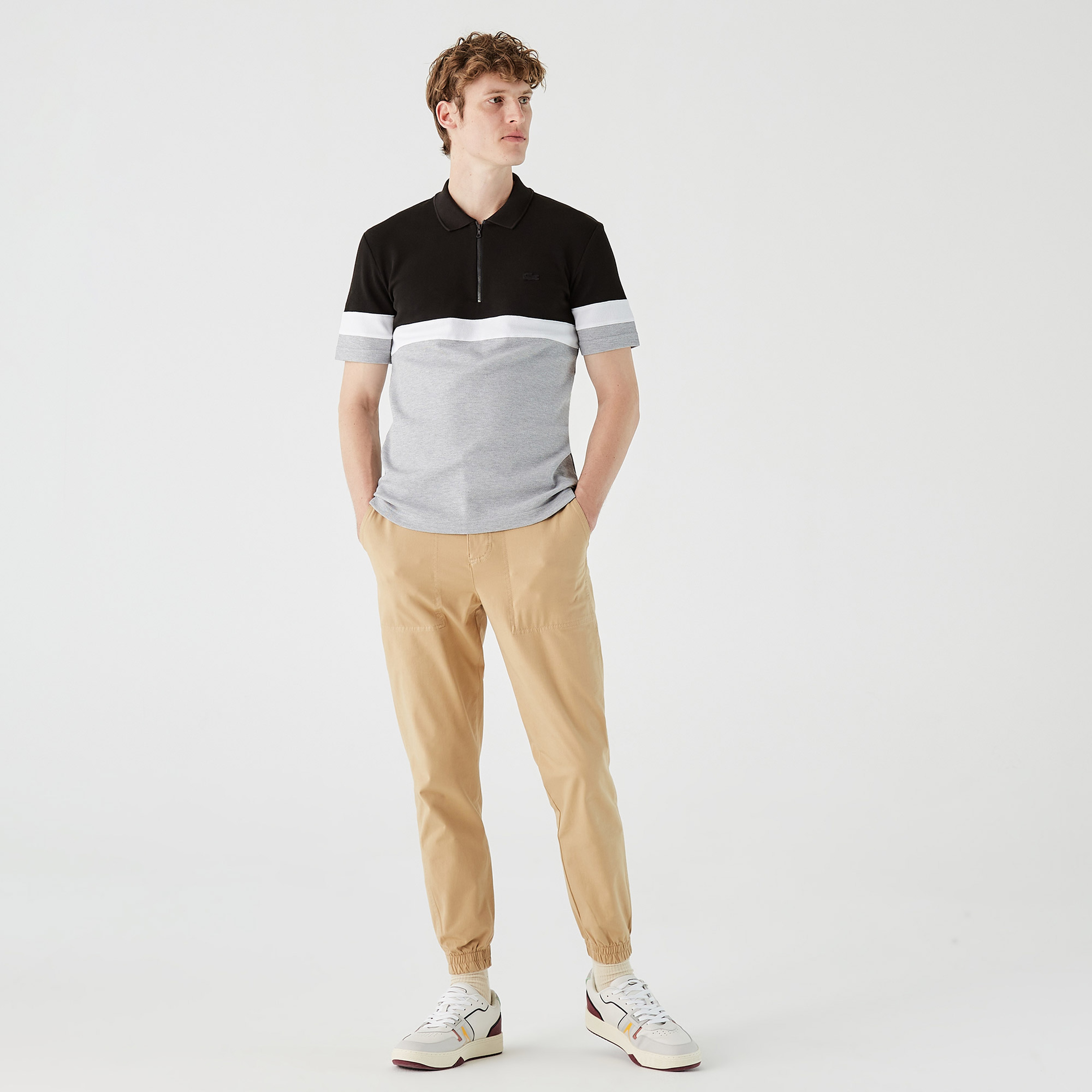 Erkek Regular Fit Yarım Fermuarlı Renk Bloklu Siyah Polo