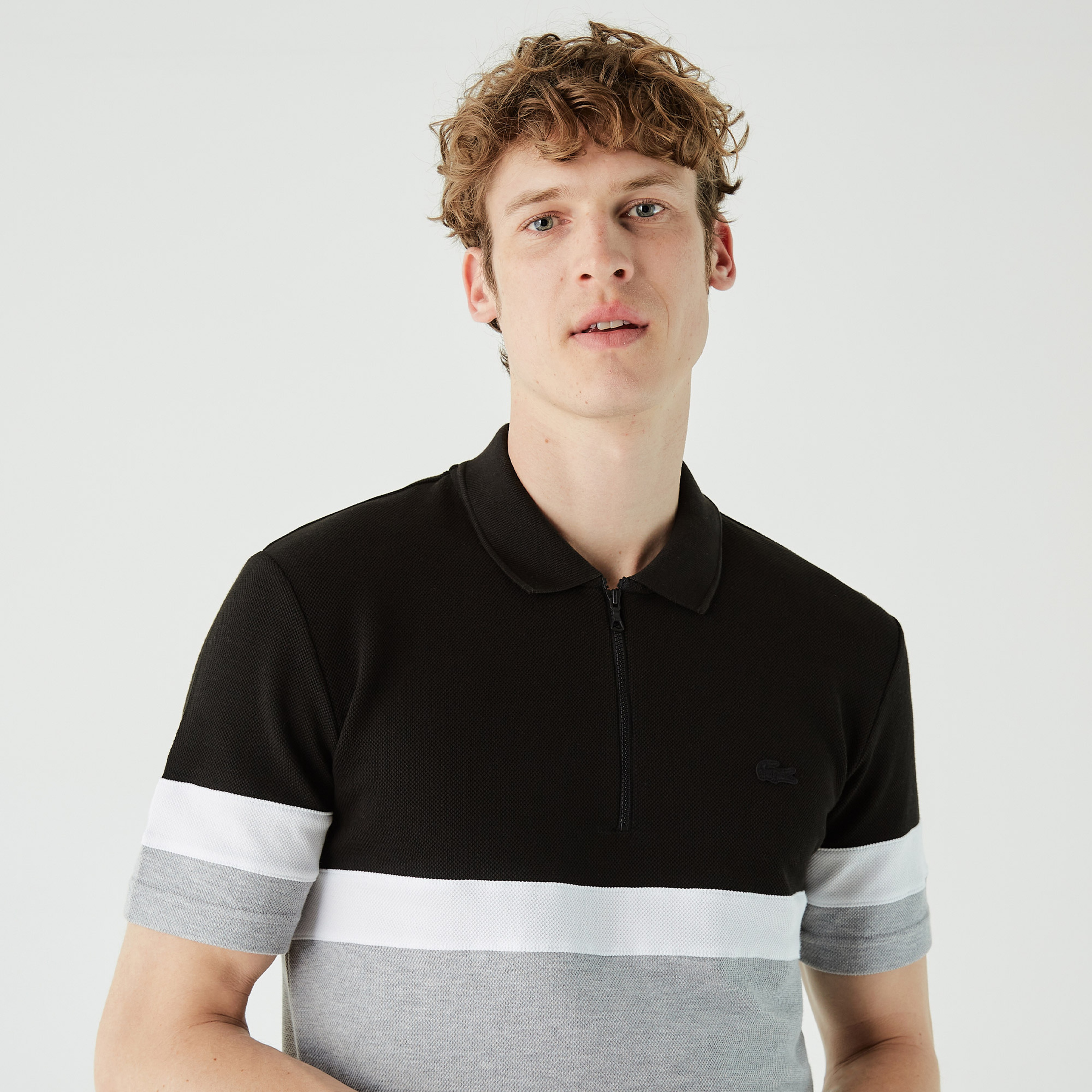 Erkek Regular Fit Yarım Fermuarlı Renk Bloklu Siyah Polo