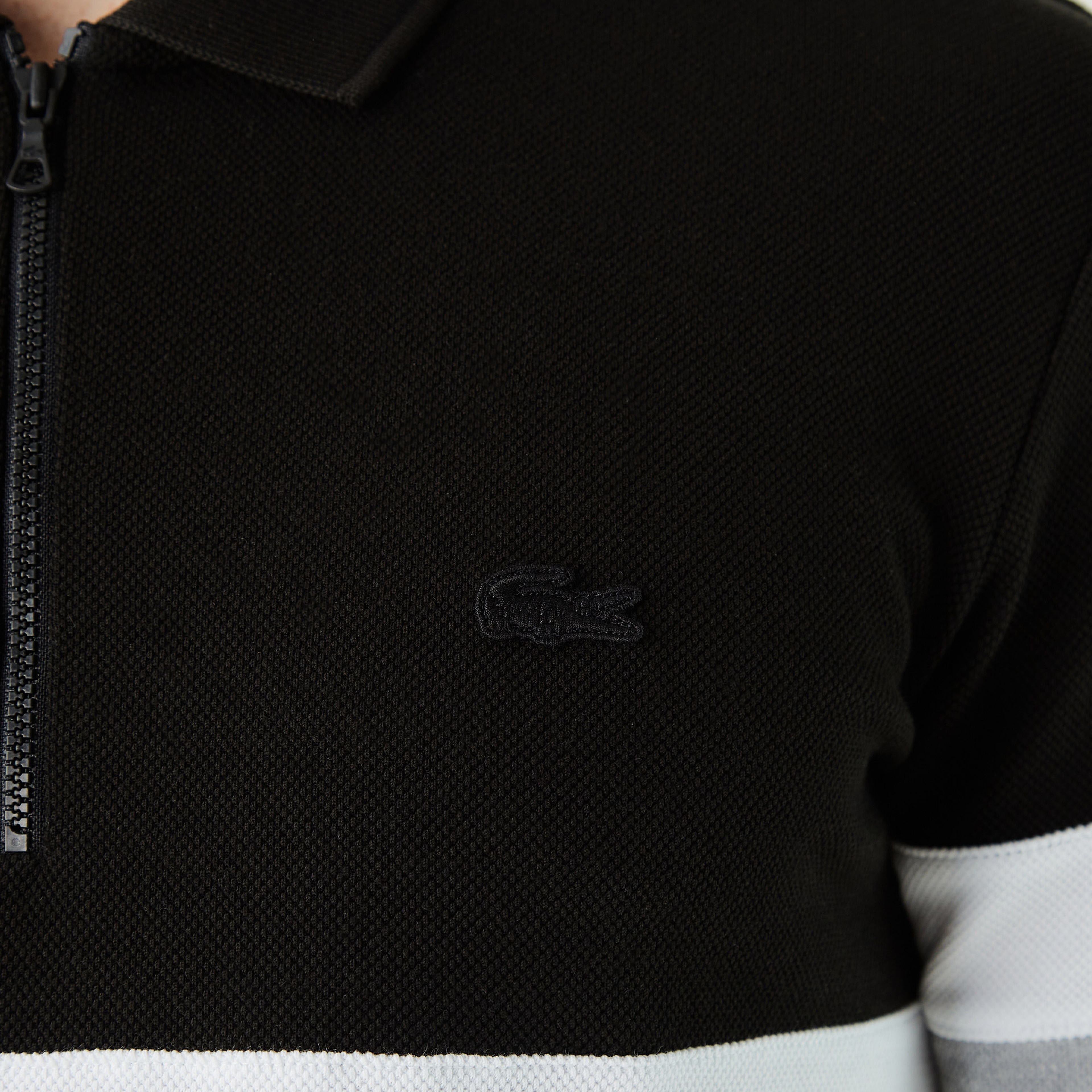 Erkek Regular Fit Yarım Fermuarlı Renk Bloklu Siyah Polo