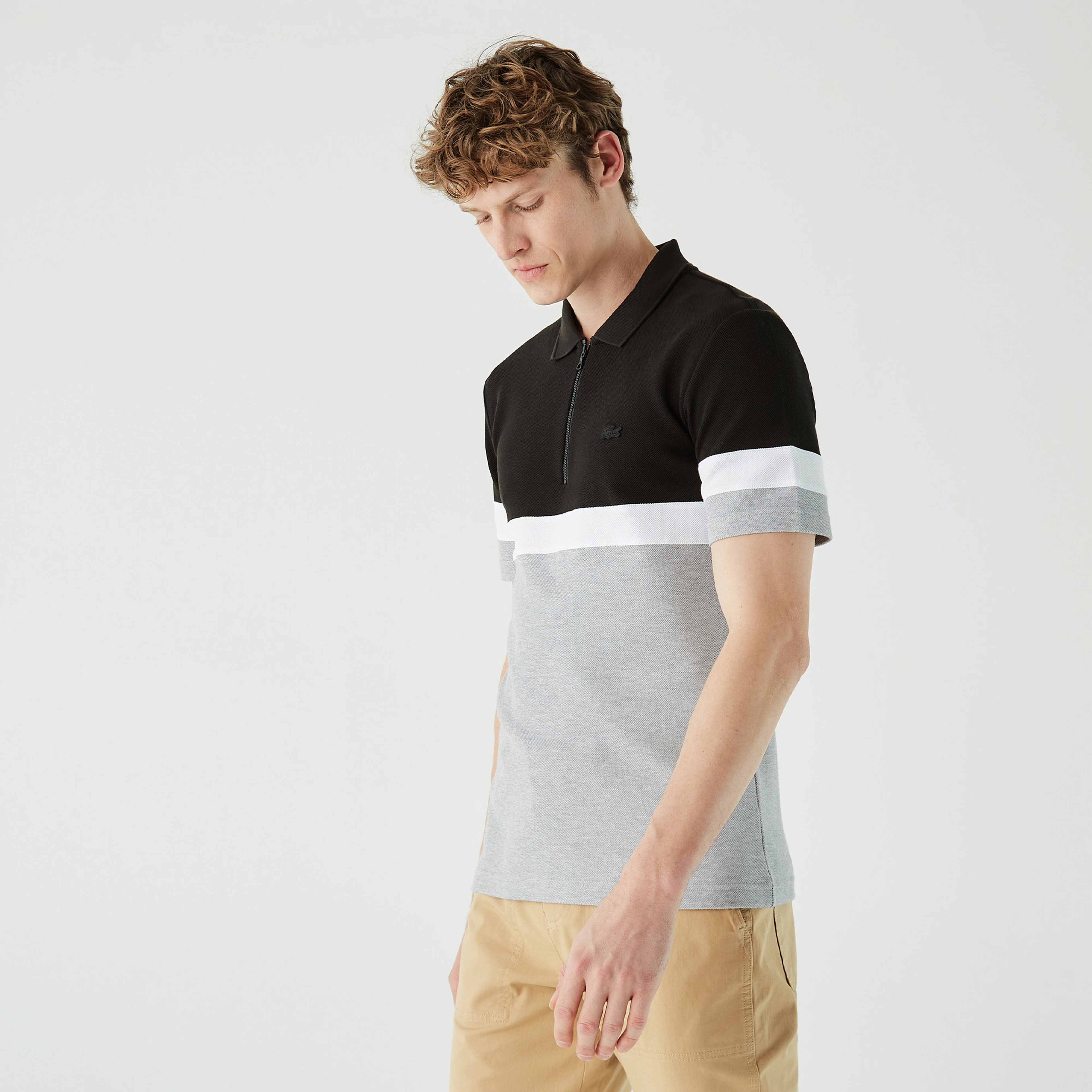 Erkek Regular Fit Yarım Fermuarlı Renk Bloklu Siyah Polo