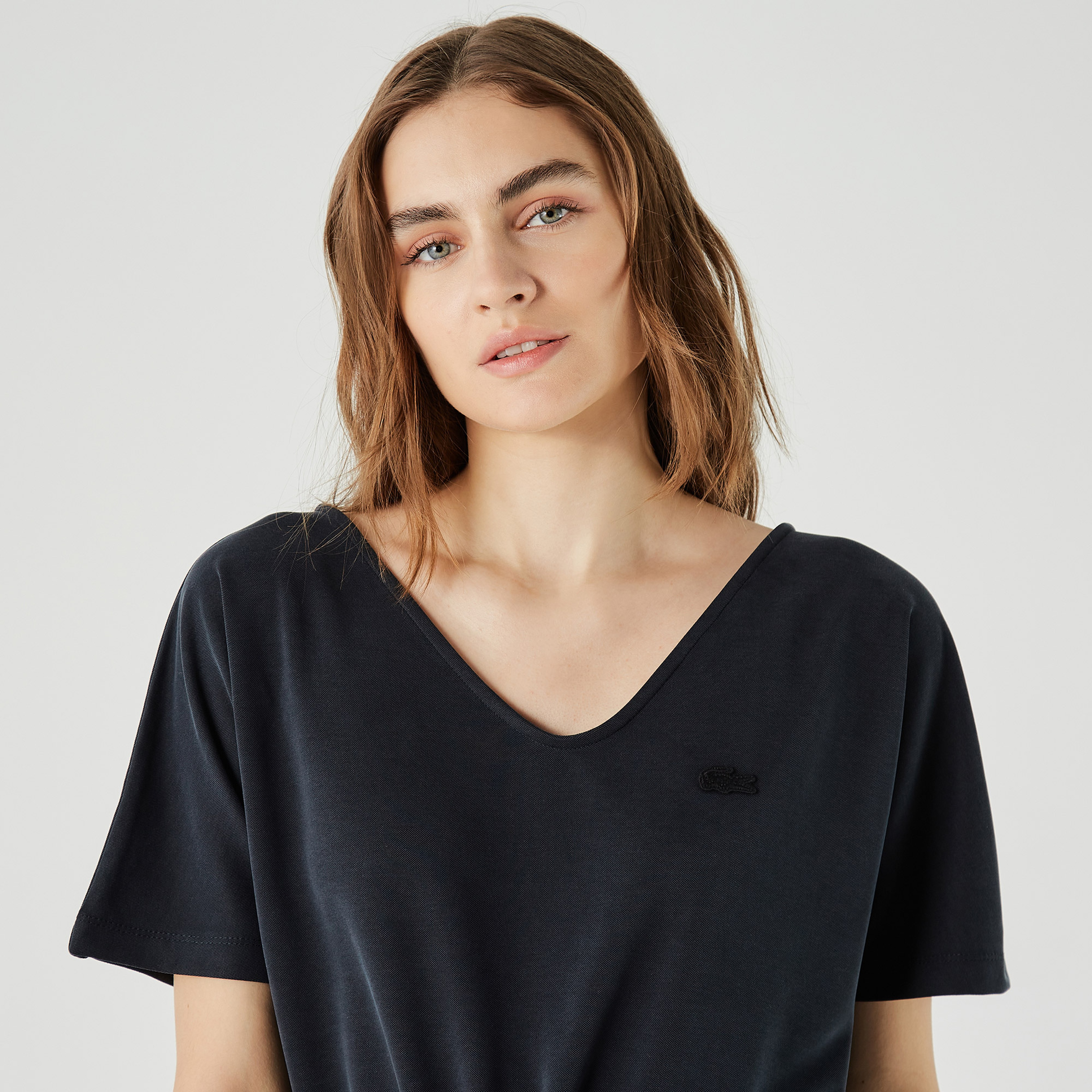 Lacoste Kadın Loose Fit Kısa Kollu V Yaka Siyah Elbise