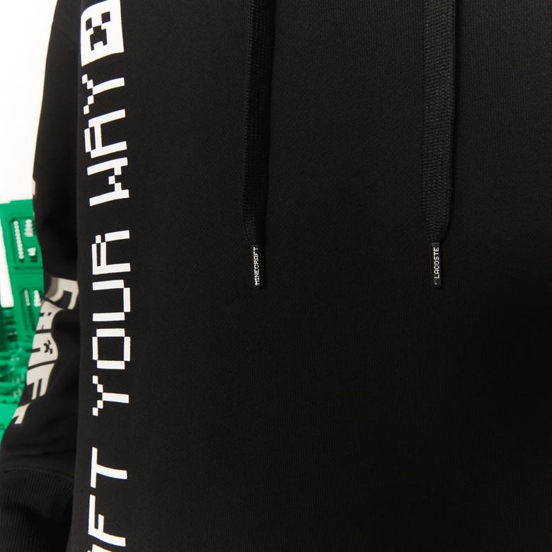Lacoste X Minecraft Erkek Relaxed Fit Kapüşonlu Baskılı Siyah Sweatshirt