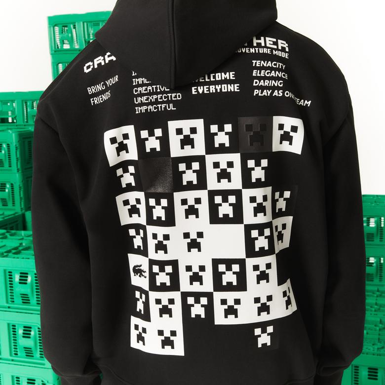 Lacoste X Minecraft Erkek Relaxed Fit Kapüşonlu Baskılı Siyah Sweatshirt