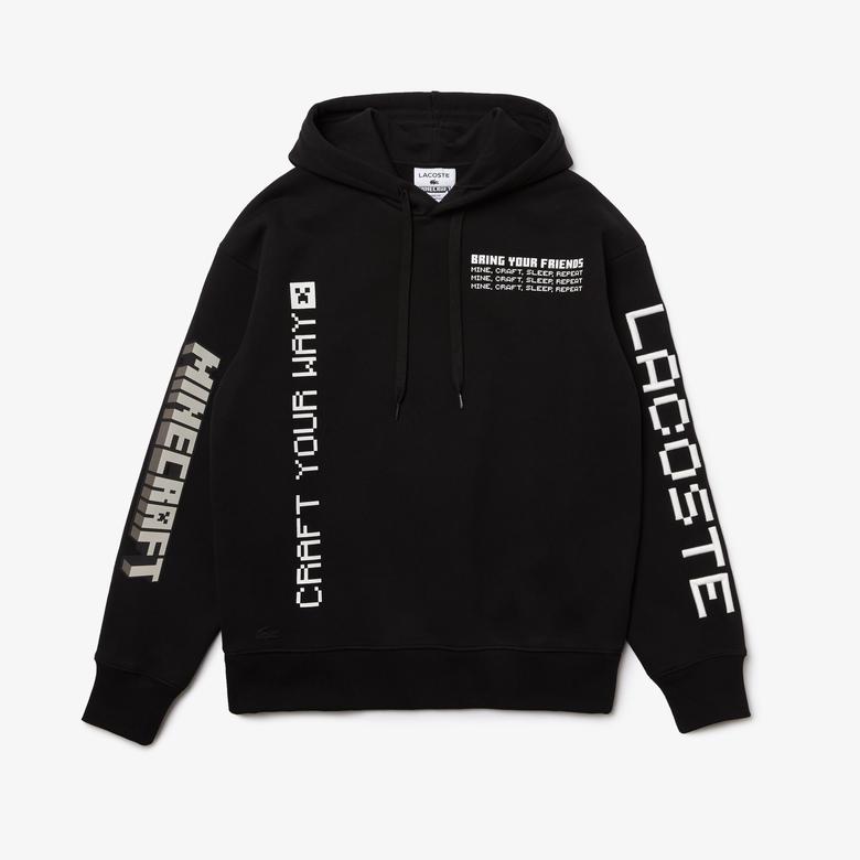 Lacoste X Minecraft Erkek Relaxed Fit Kapüşonlu Baskılı Siyah Sweatshirt