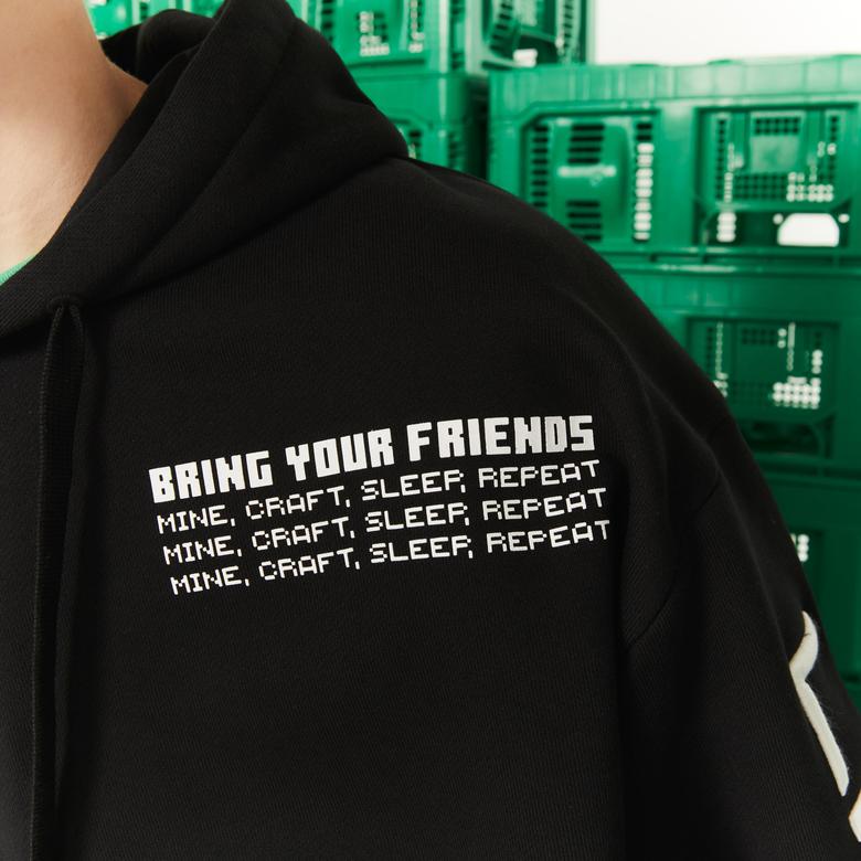 Lacoste X Minecraft Erkek Relaxed Fit Kapüşonlu Baskılı Siyah Sweatshirt