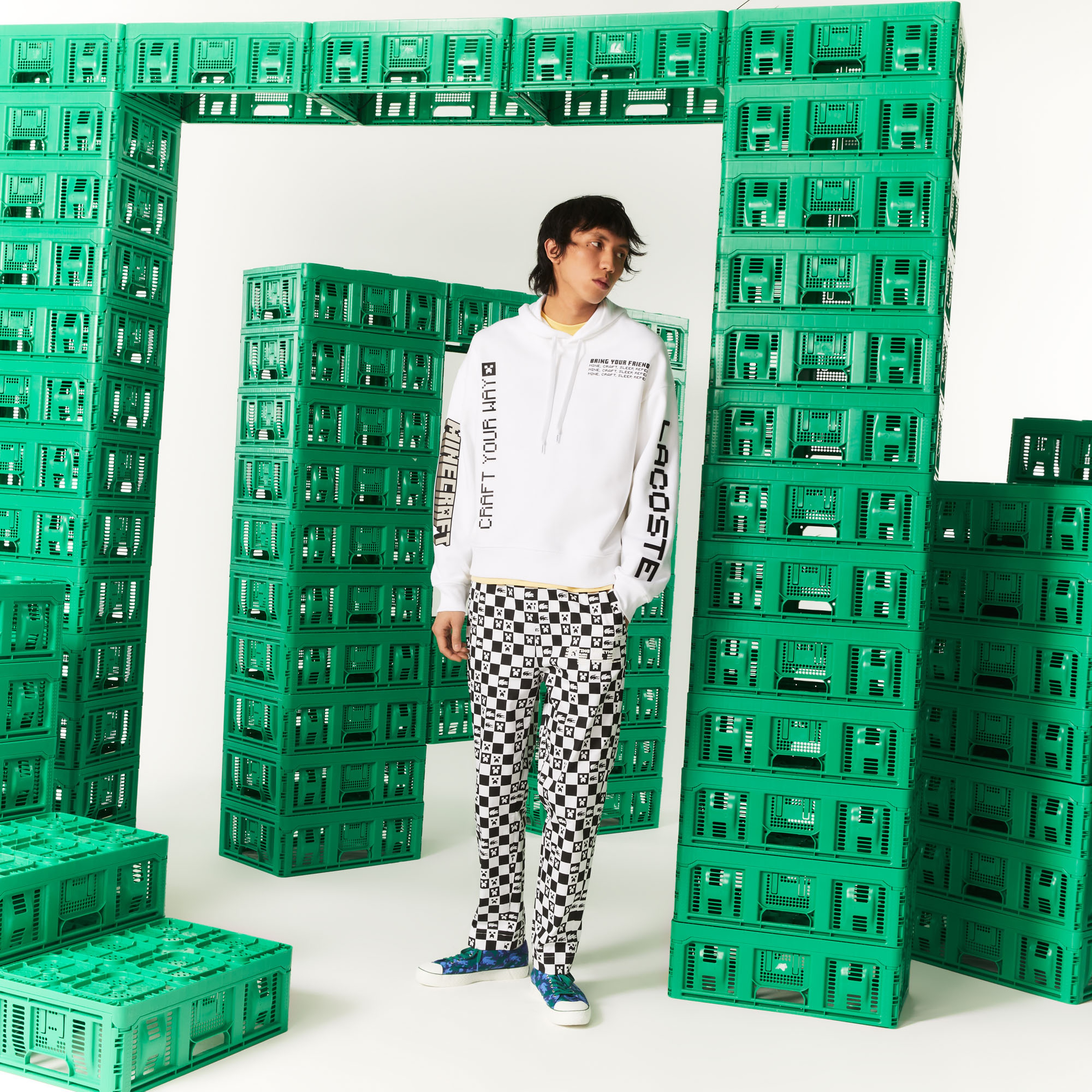 Lacoste X Minecraft Erkek Relaxed Fit Kapüşonlu Baskılı Beyaz Sweatshirt