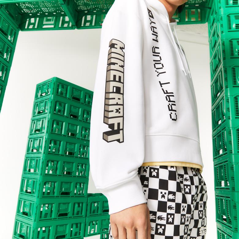 Lacoste X Minecraft Erkek Relaxed Fit Kapüşonlu Baskılı Beyaz Sweatshirt