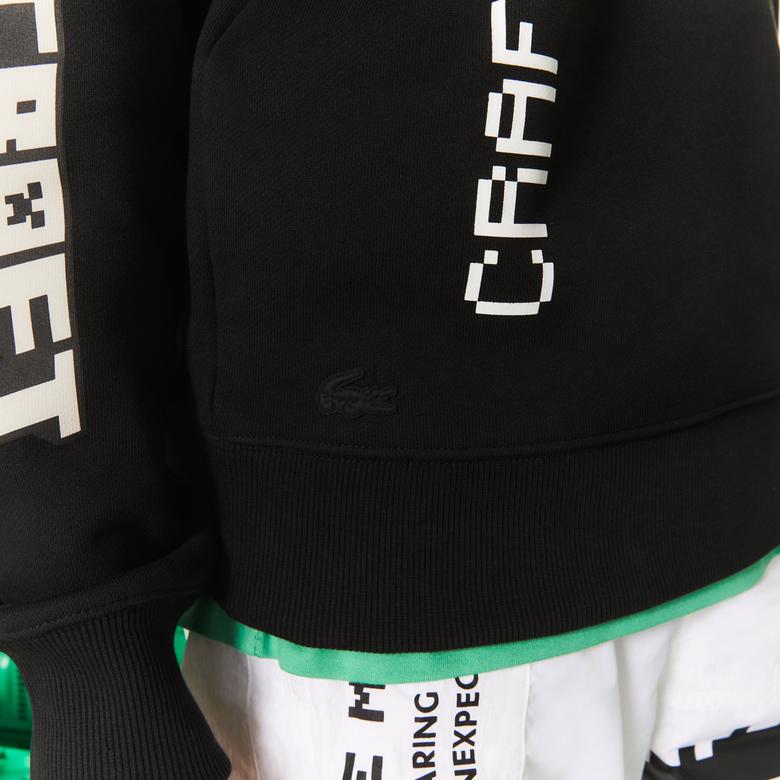 Lacoste X Minecraft Erkek Relaxed Fit Kapüşonlu Baskılı Siyah Sweatshirt