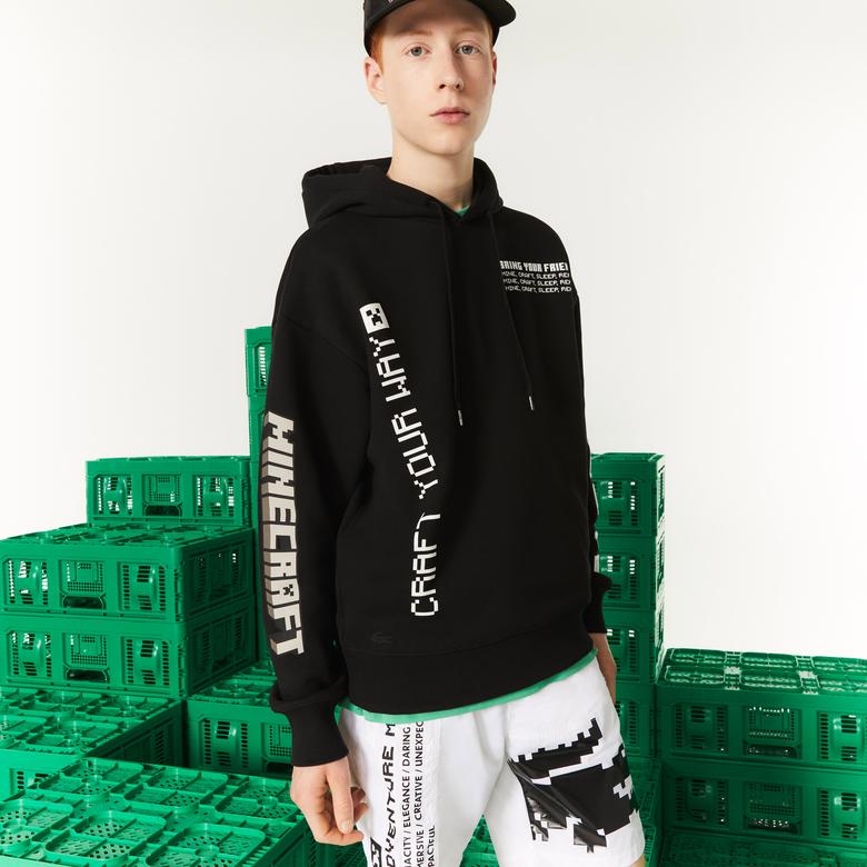 Lacoste X Minecraft Erkek Relaxed Fit Kapüşonlu Baskılı Siyah Sweatshirt