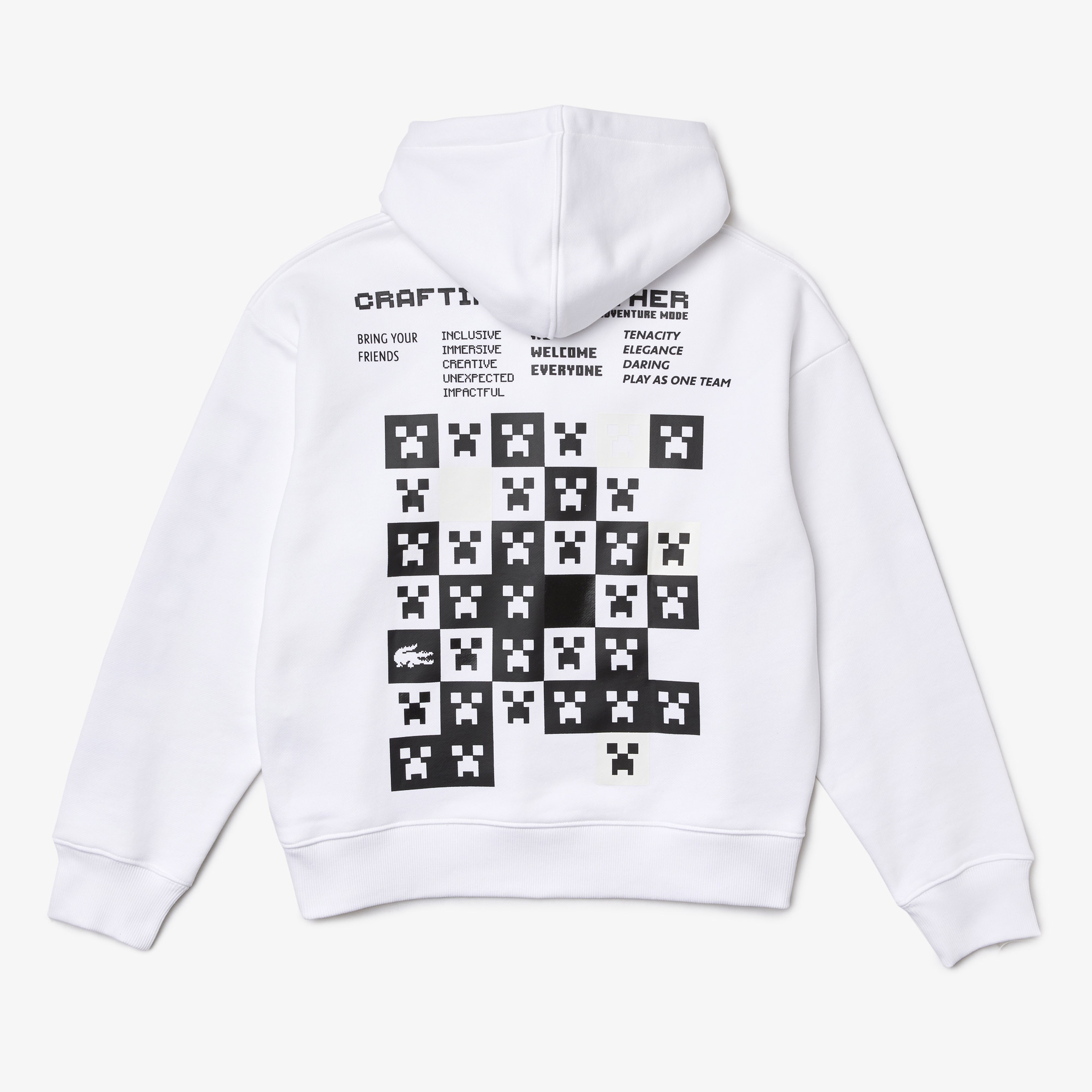 Lacoste X Minecraft Erkek Relaxed Fit Kapüşonlu Baskılı Beyaz Sweatshirt
