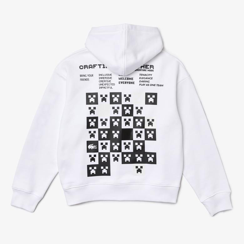 Lacoste X Minecraft Erkek Relaxed Fit Kapüşonlu Baskılı Beyaz Sweatshirt