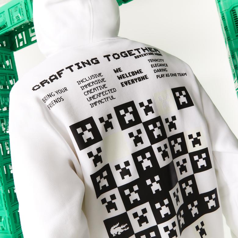 Lacoste X Minecraft Erkek Relaxed Fit Kapüşonlu Baskılı Beyaz Sweatshirt
