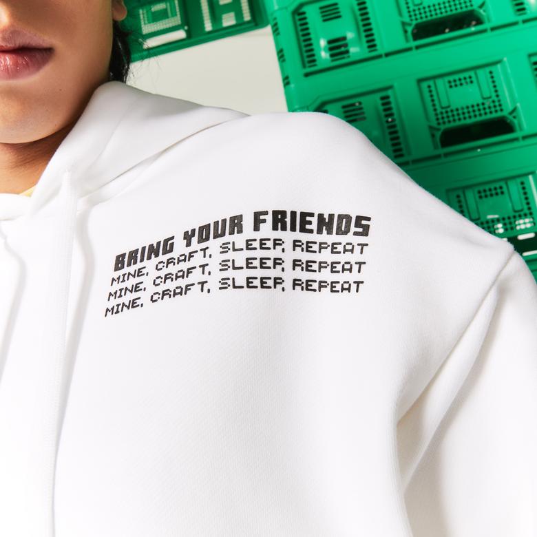 Lacoste X Minecraft Erkek Relaxed Fit Kapüşonlu Baskılı Beyaz Sweatshirt