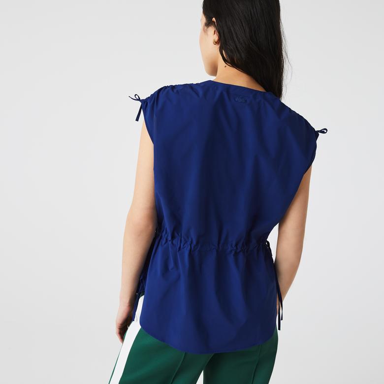 Lacoste Kadın Relaxed Fit Kısa Kollu V Yaka Lacivert Gömlek