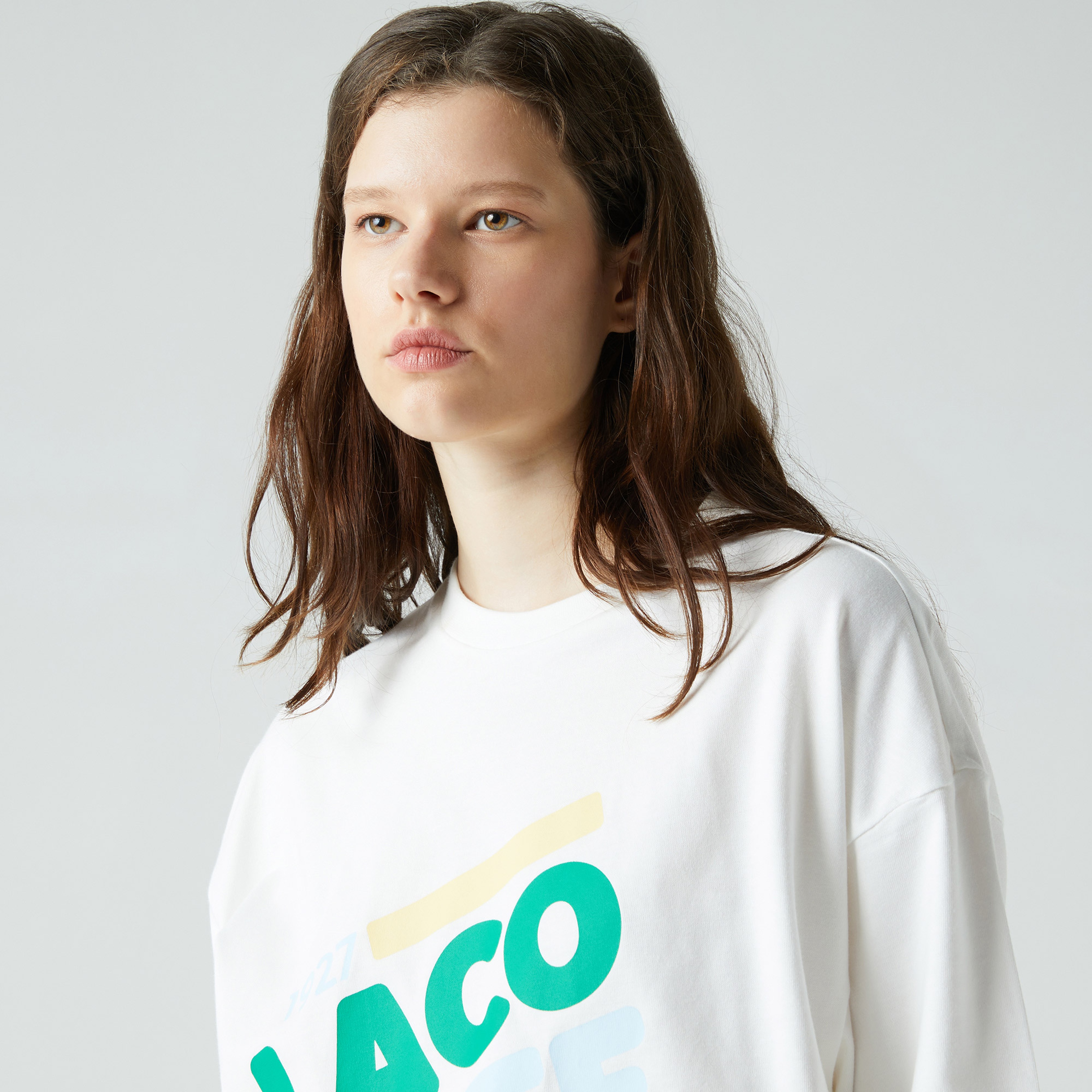 Lacoste Kadın Loose Fit Kısa Kollu Bisiklet Yaka Baskılı Beyaz Yeşil Ev Elbisesi