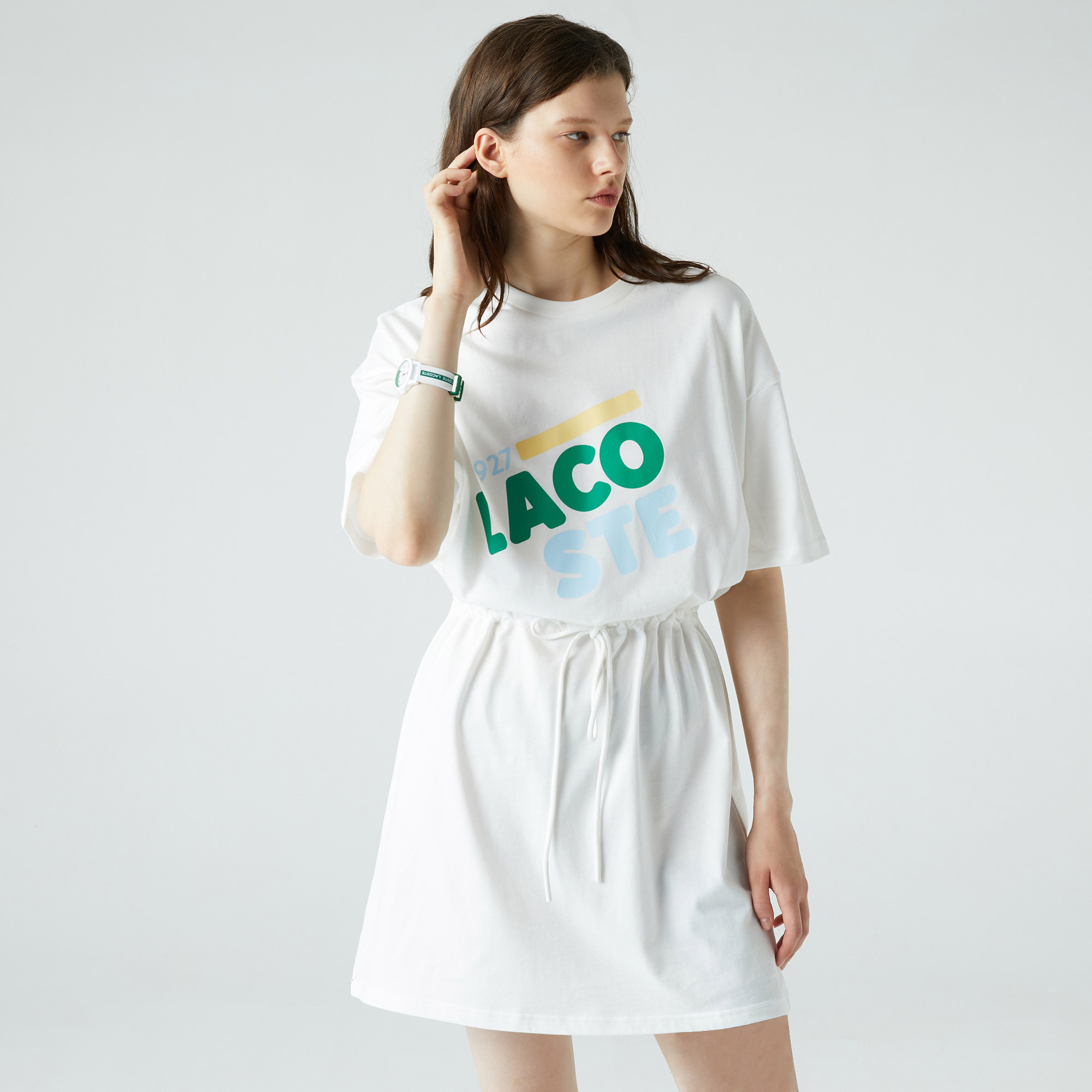 Lacoste Kadın Loose Fit Kısa Kollu Bisiklet Yaka Baskılı Beyaz Yeşil Ev Elbisesi