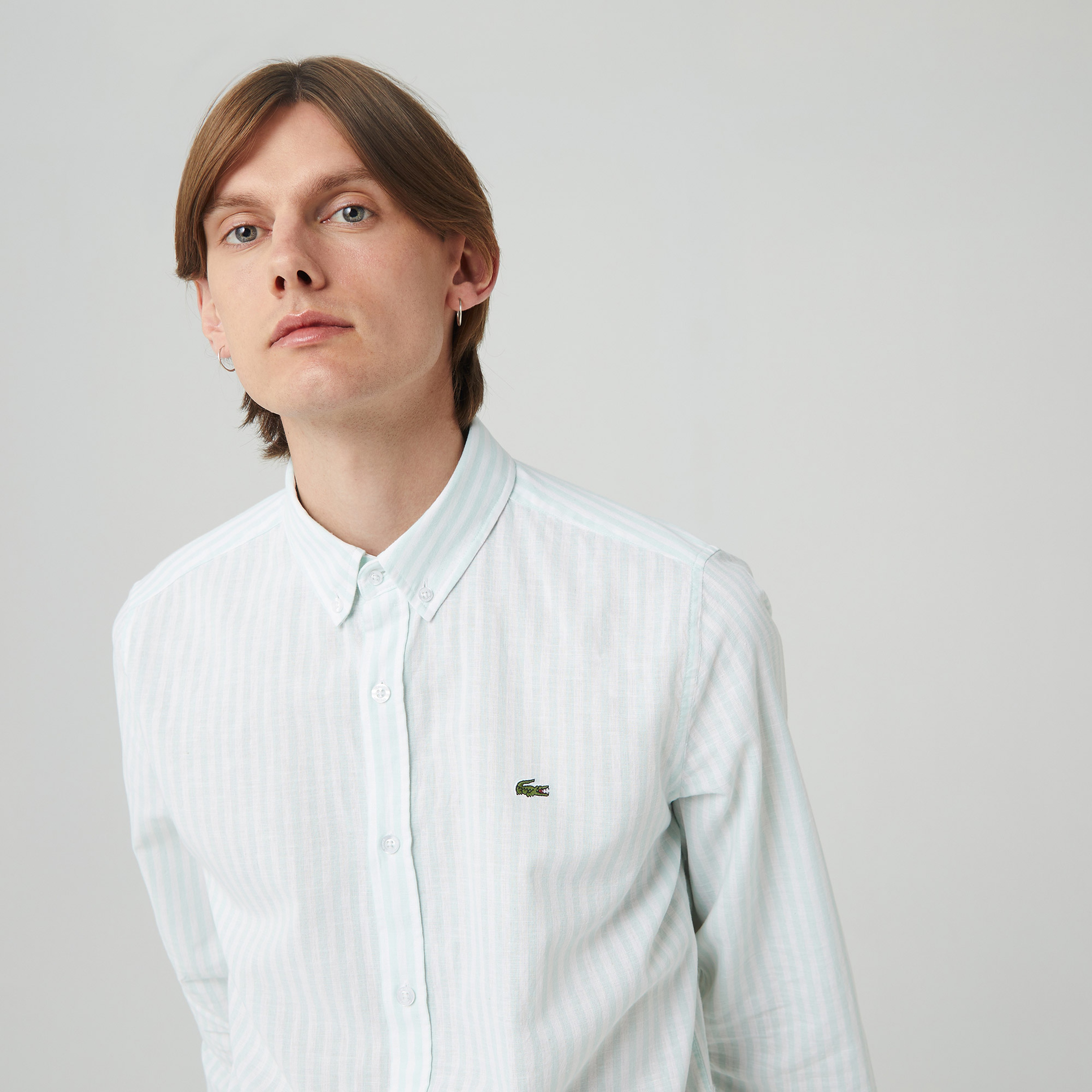 Lacoste Erkek Slim Fit Çizgili Beyaz Gömlek