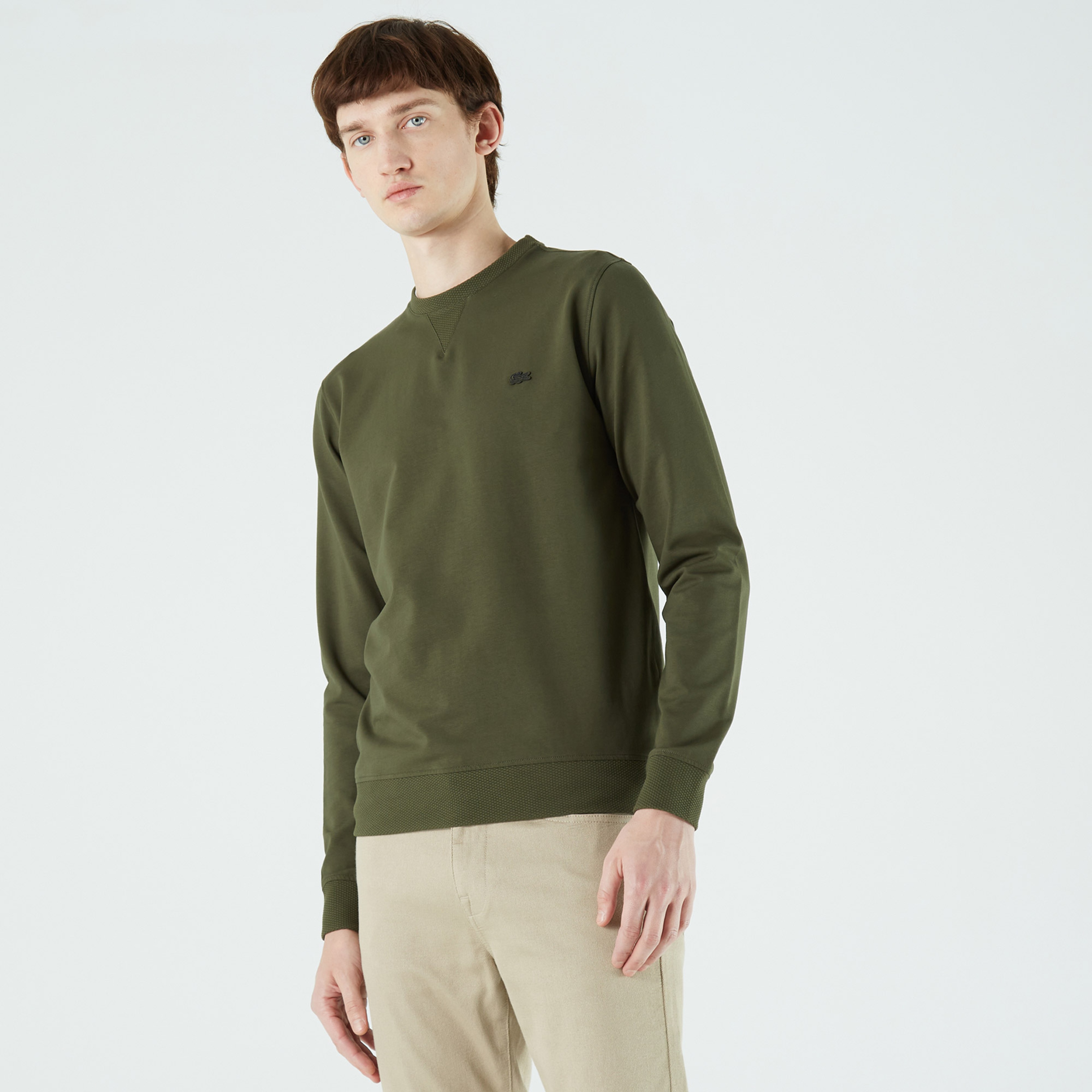 Erkek Slim Fit Bisiklet Yaka Haki Sweatshirt
