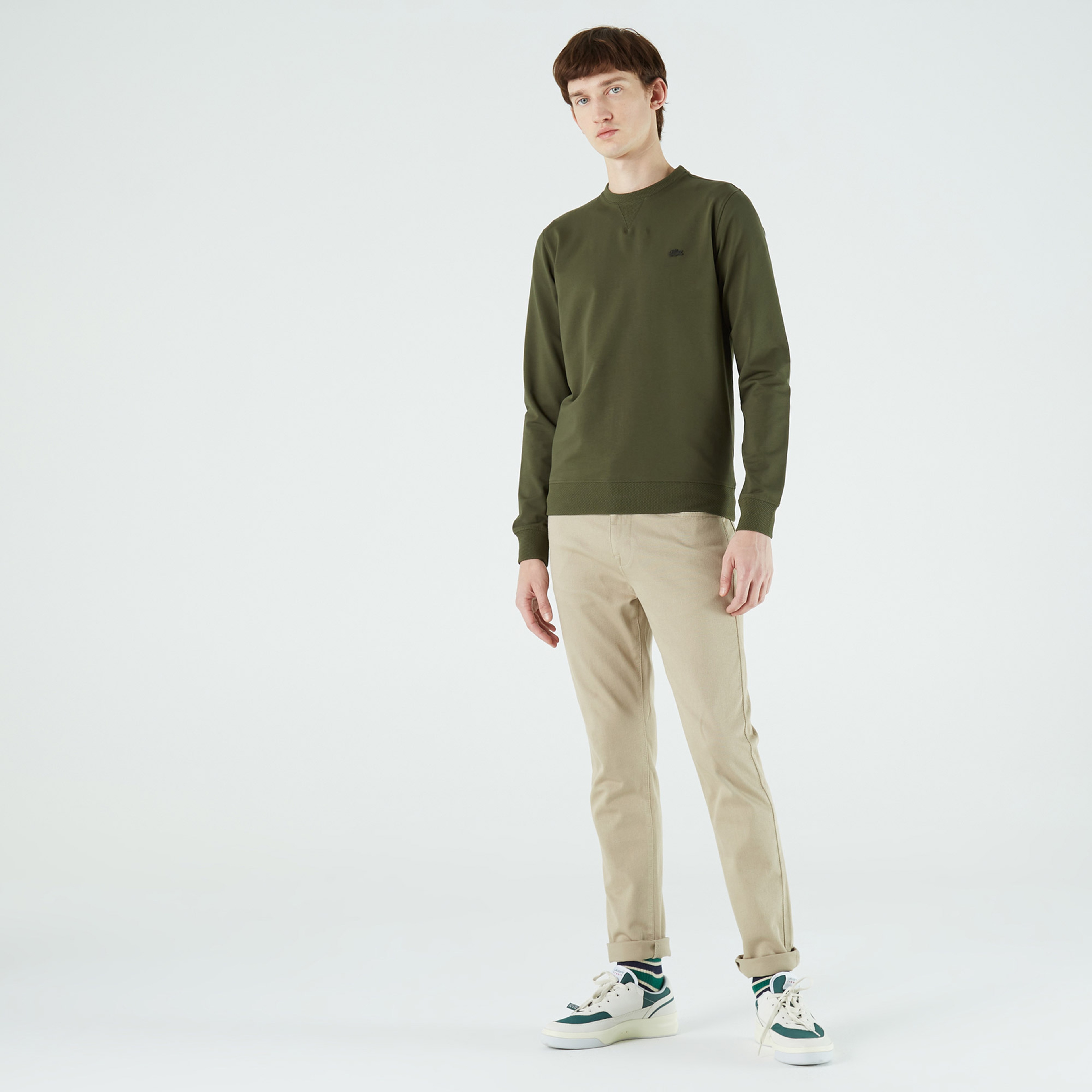 Erkek Slim Fit Bisiklet Yaka Haki Sweatshirt